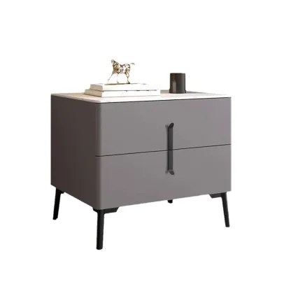 Modern Grey Wood Stone Top 2-Drawer Nightstand Image - 7