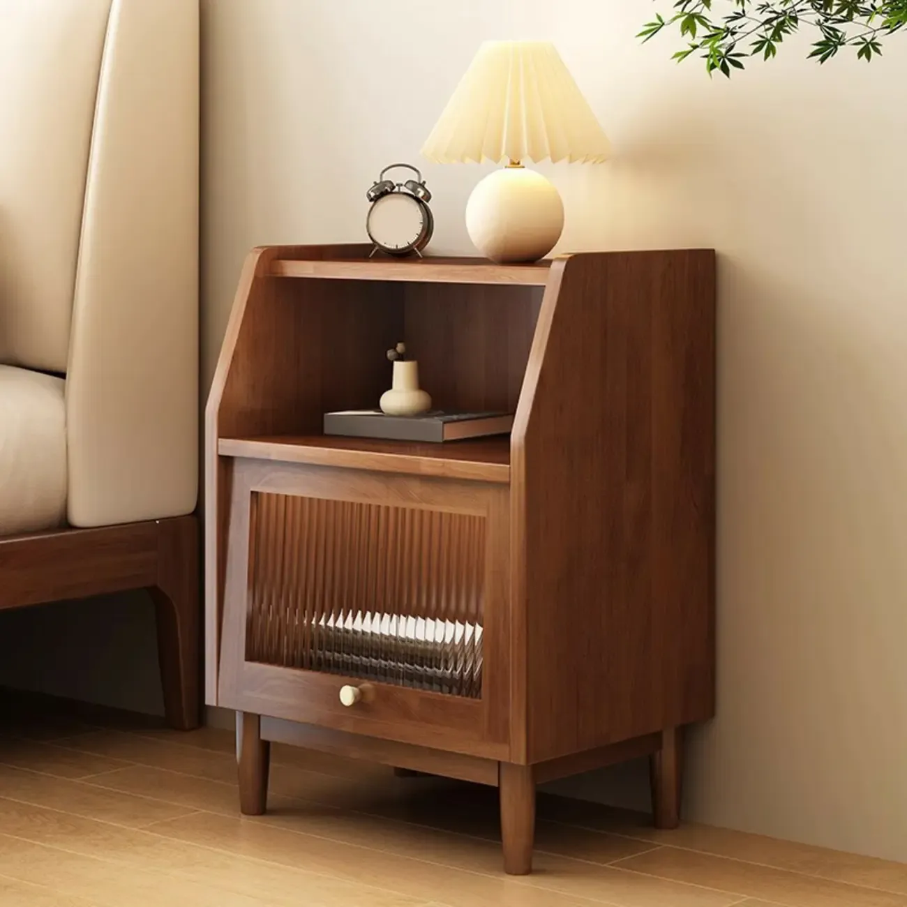 Scandinavian Natural Finish Flip-up Solid Wood Nightstand Image - 8