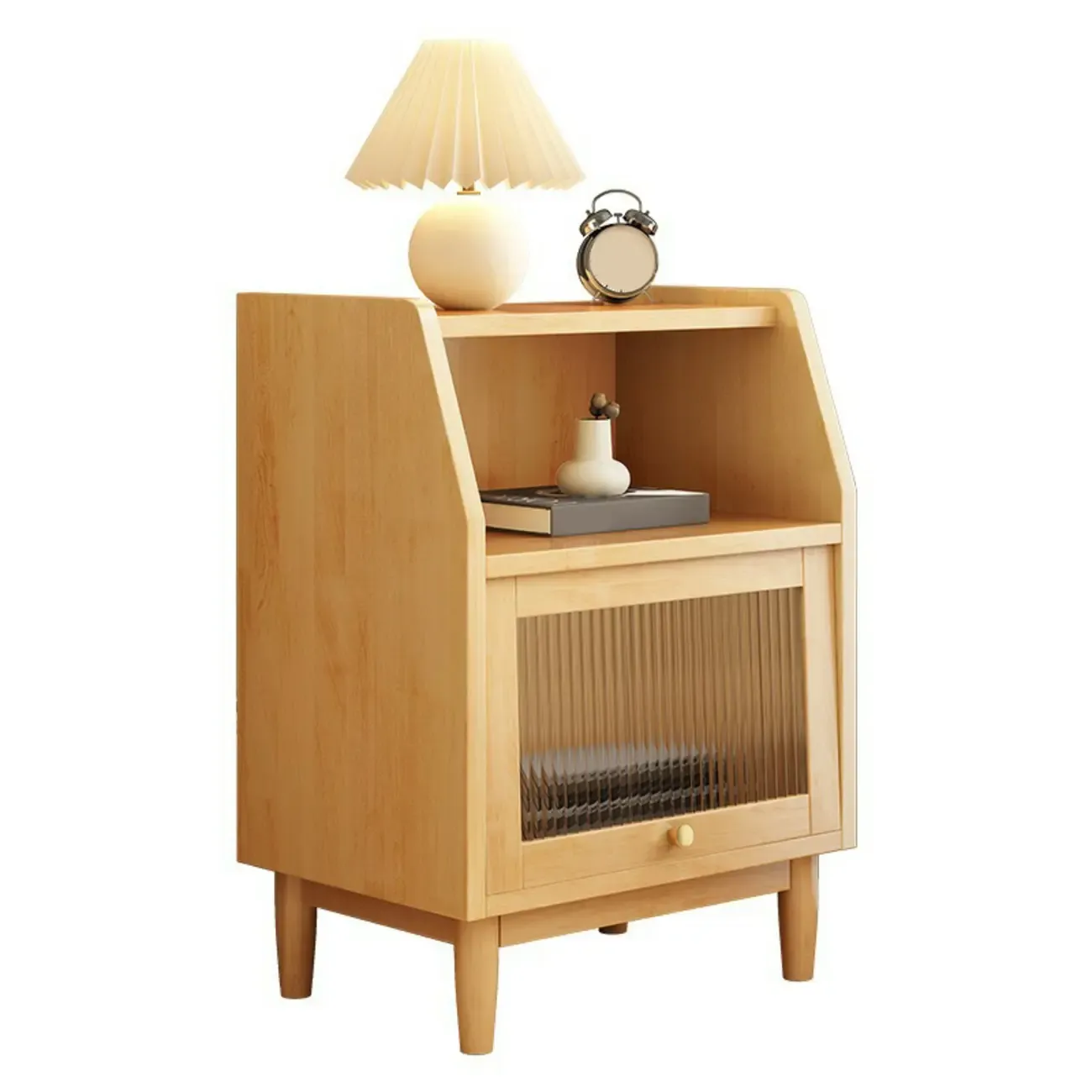 Scandinavian Natural Finish Flip-up Solid Wood Nightstand Image - 9