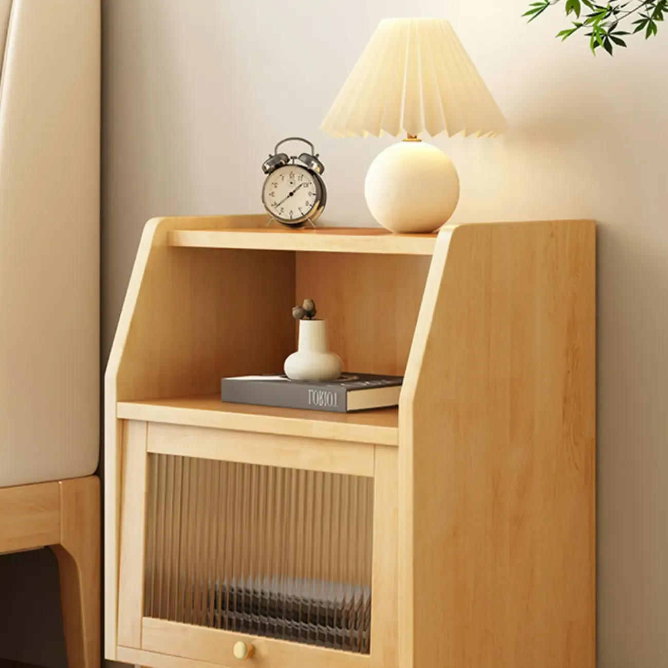 Scandinavian Natural Finish Flip-up Solid Wood Nightstand Image - 10