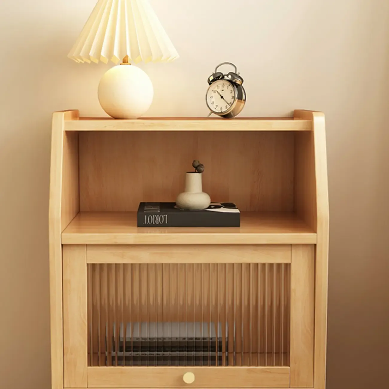 Scandinavian Natural Finish Flip-up Solid Wood Nightstand Image - 11