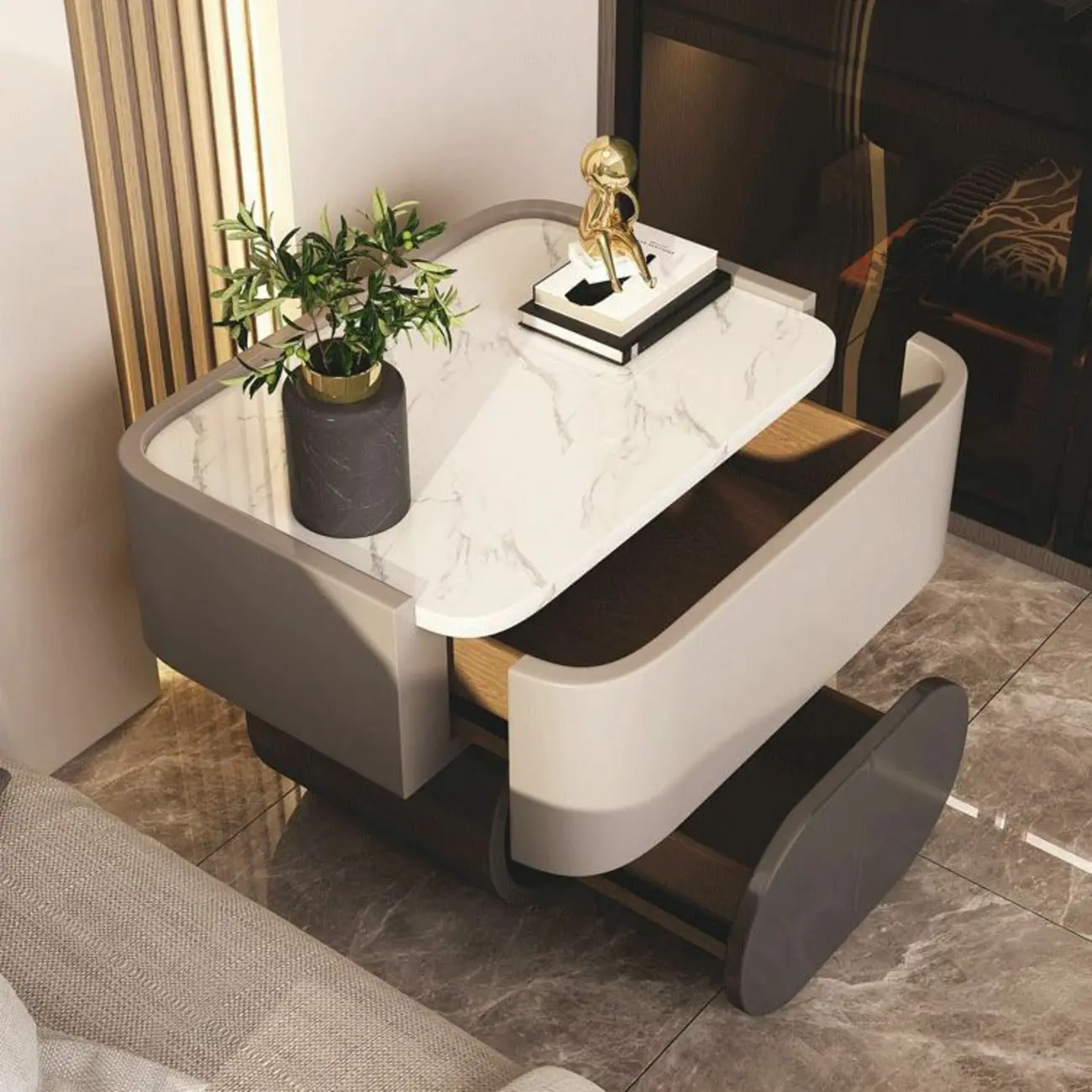 Modern Small Stone Top Wood 2 Drawer Nightstand Image - 2 | homeyfad