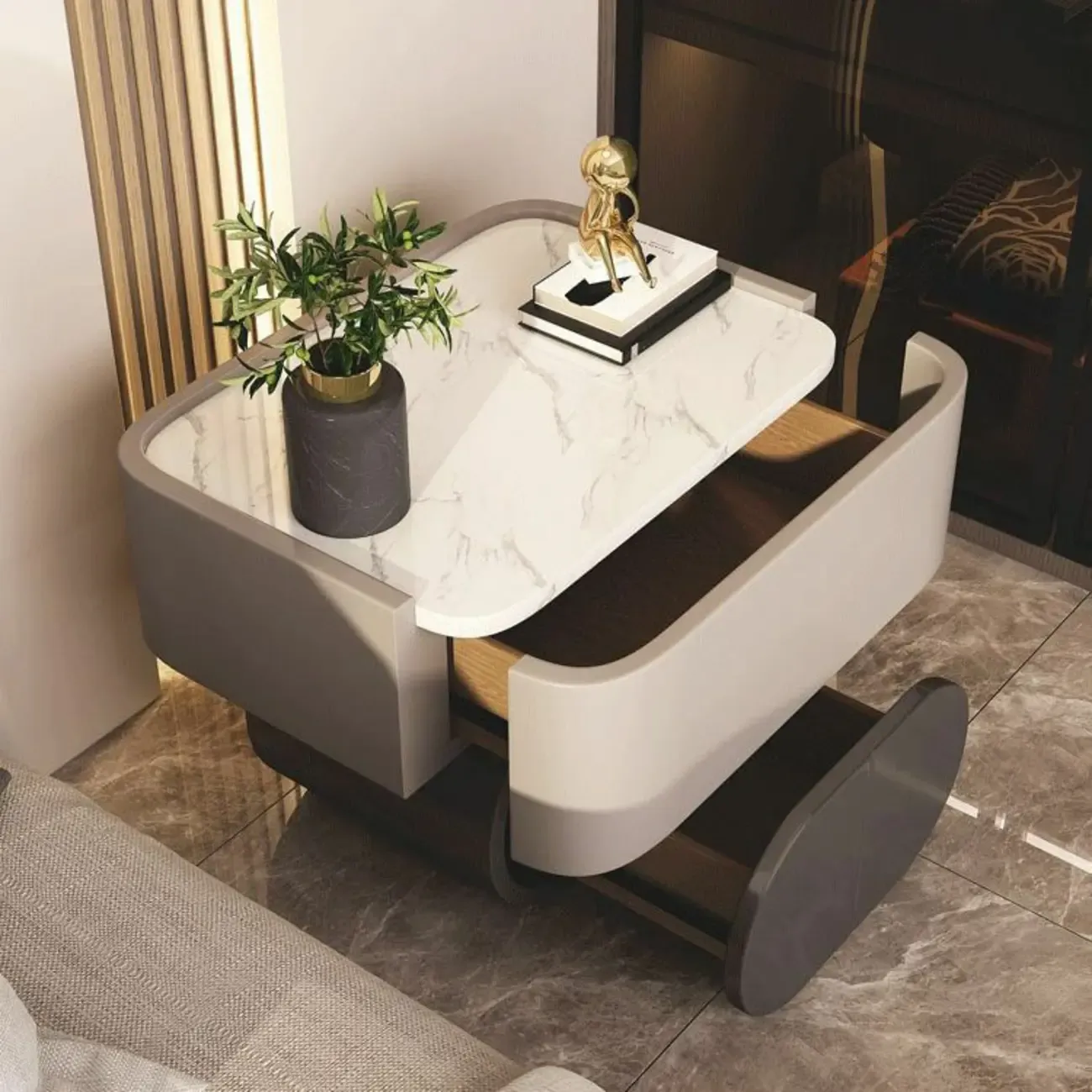 Modern Small Stone Top Wood 2 Drawer Nightstand Image - 2