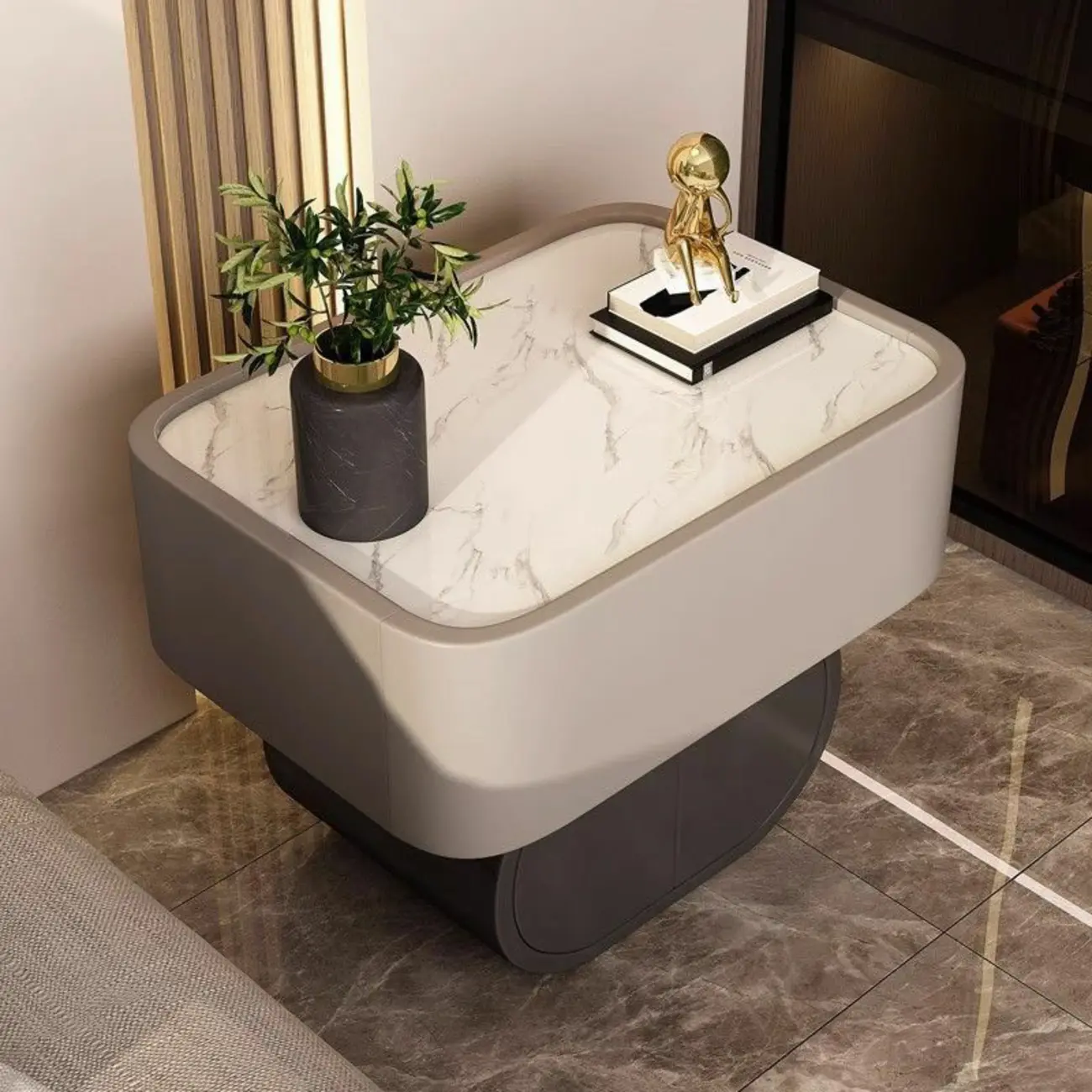 Modern Small Stone Top Wood 2 Drawer Nightstand Image - 3 | homeyfad