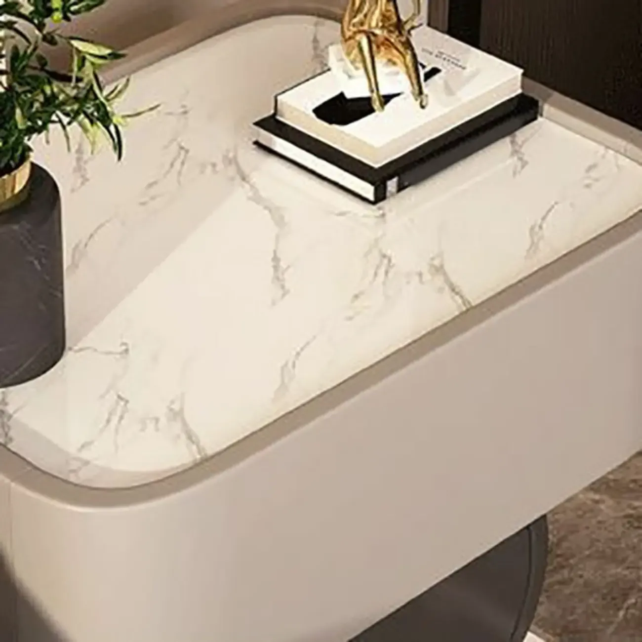 Modern Small Stone Top Wood 2 Drawer Nightstand Image - 5