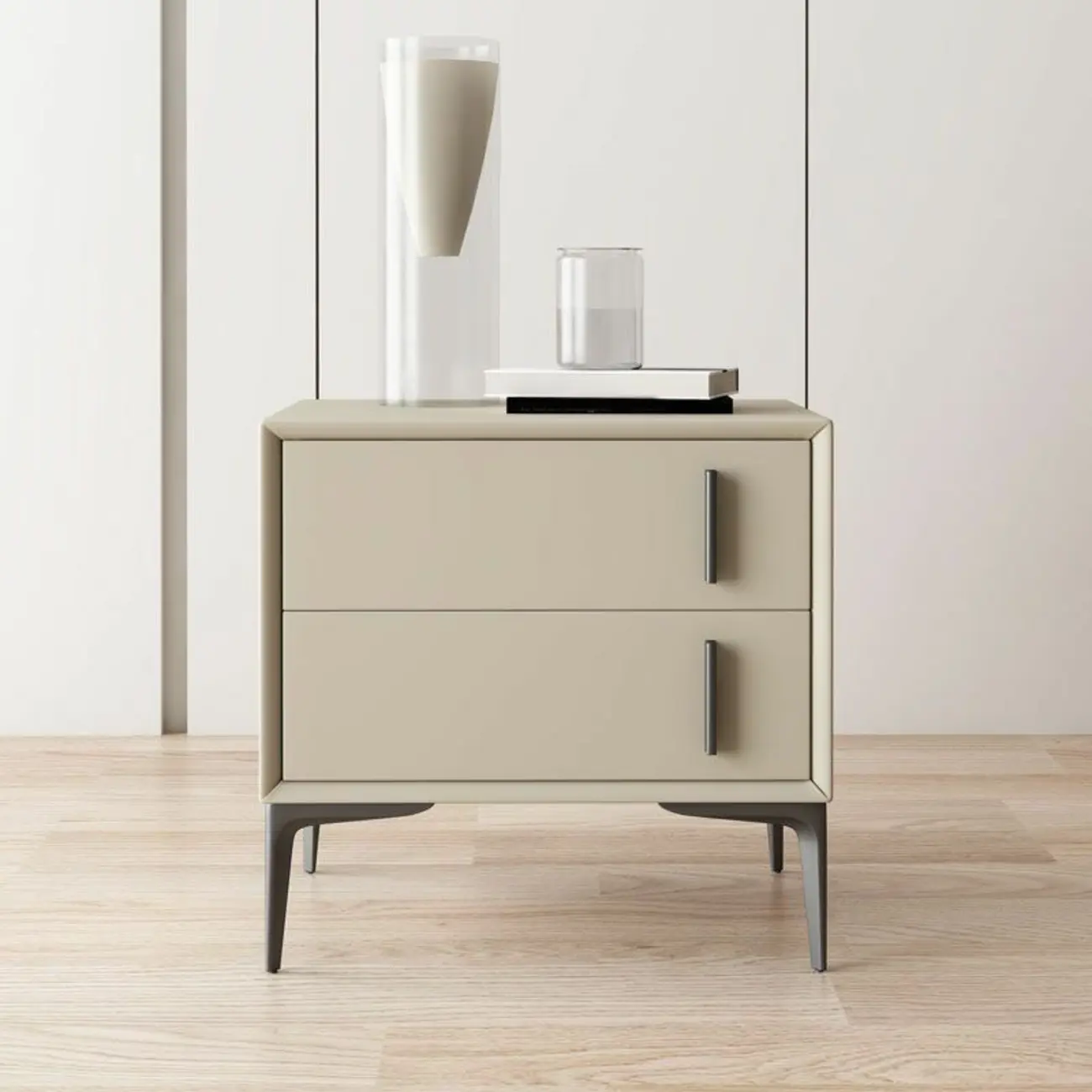 Modern Apricot Faux Leather Wood 2-Drawer Nightstand Image - 1 | homeyfad