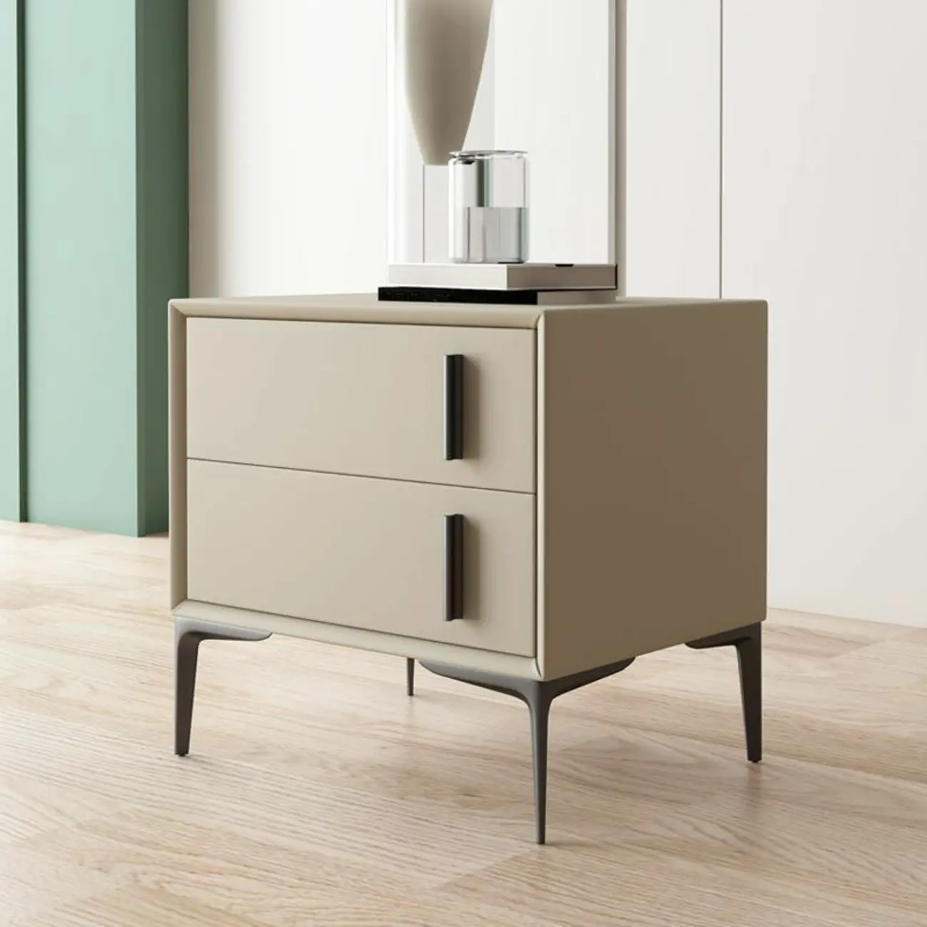 Modern Apricot Faux Leather Wood 2-Drawer Nightstand Image - 3 | homeyfad