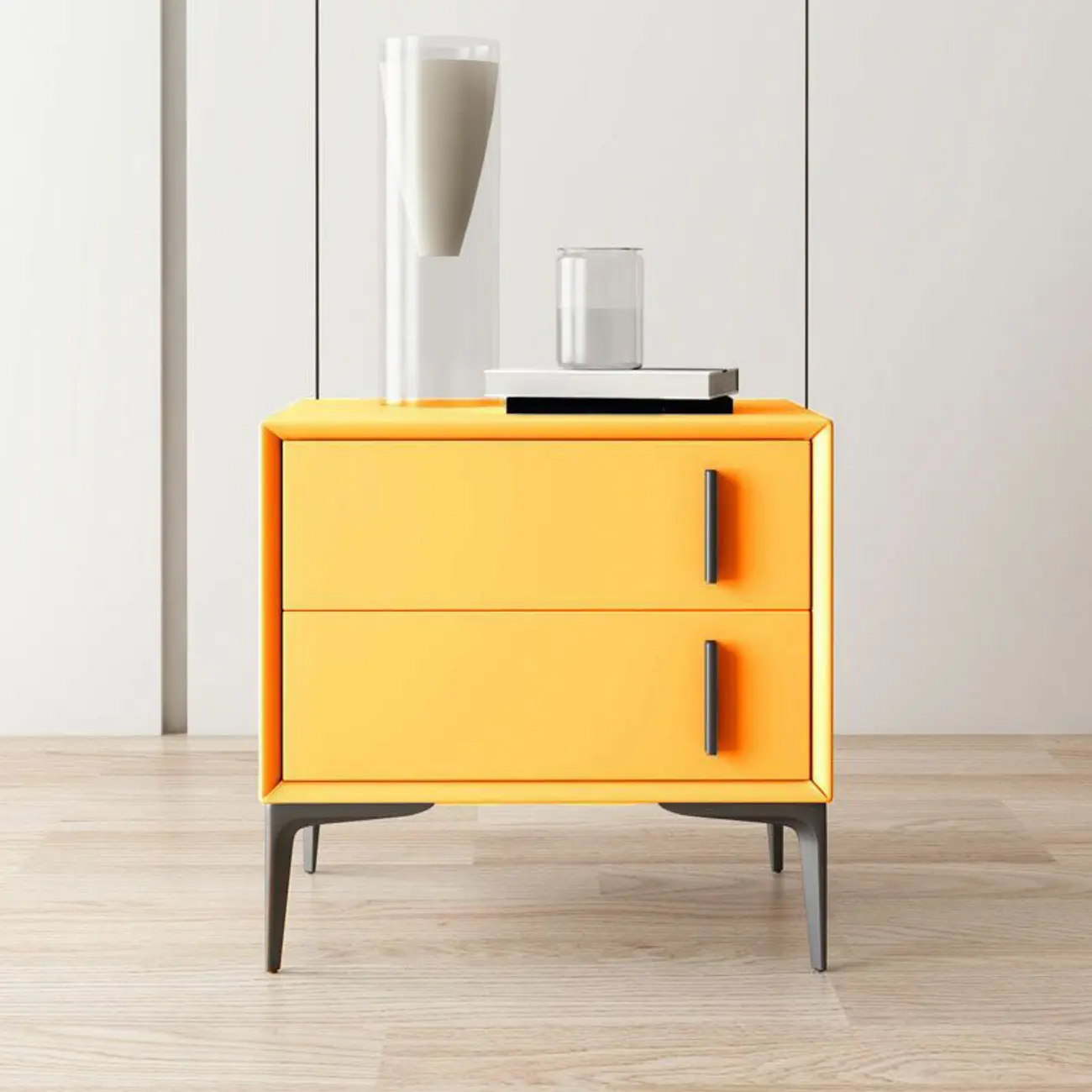 Modern Apricot Faux Leather Wood 2-Drawer Nightstand Image - 6 | homeyfad