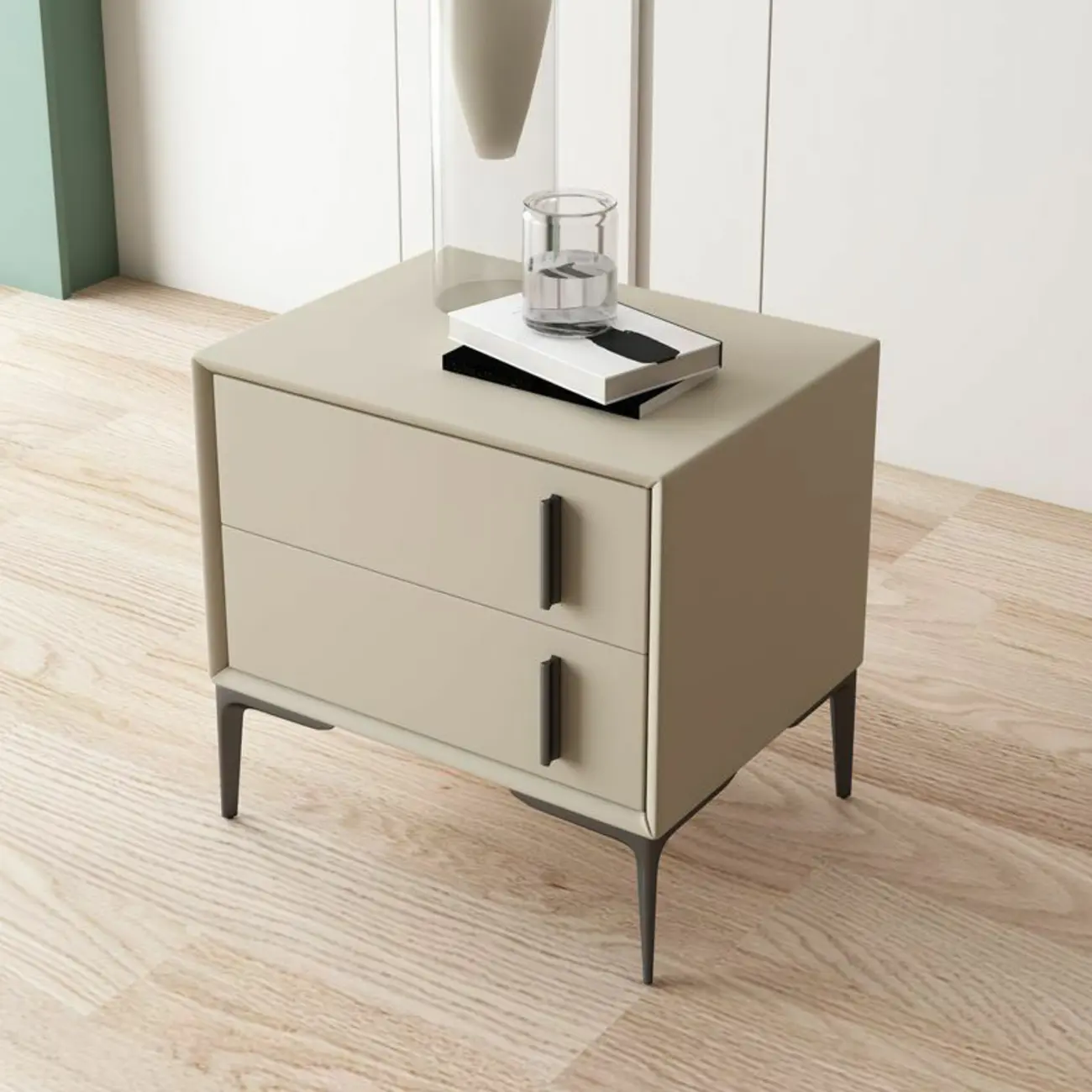Modern Apricot Faux Leather Wood 2-Drawer Nightstand Image - 2 | homeyfad