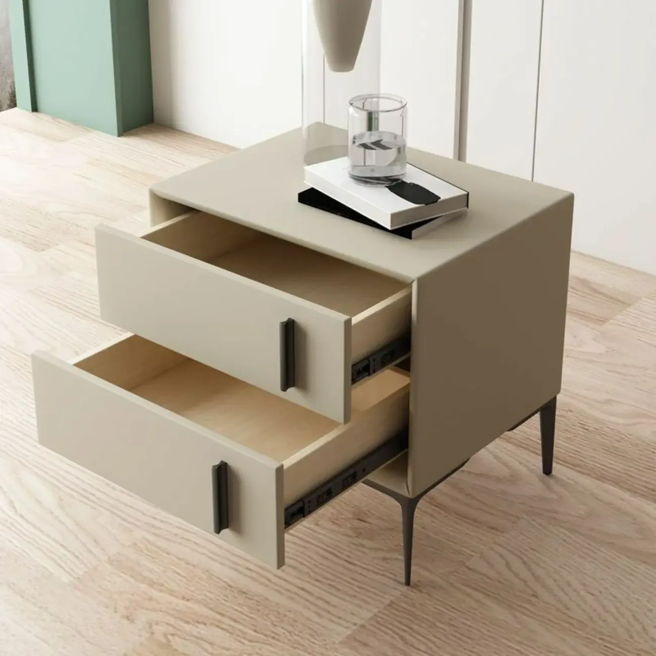 Modern Apricot Faux Leather Wood 2-Drawer Nightstand Image - 4