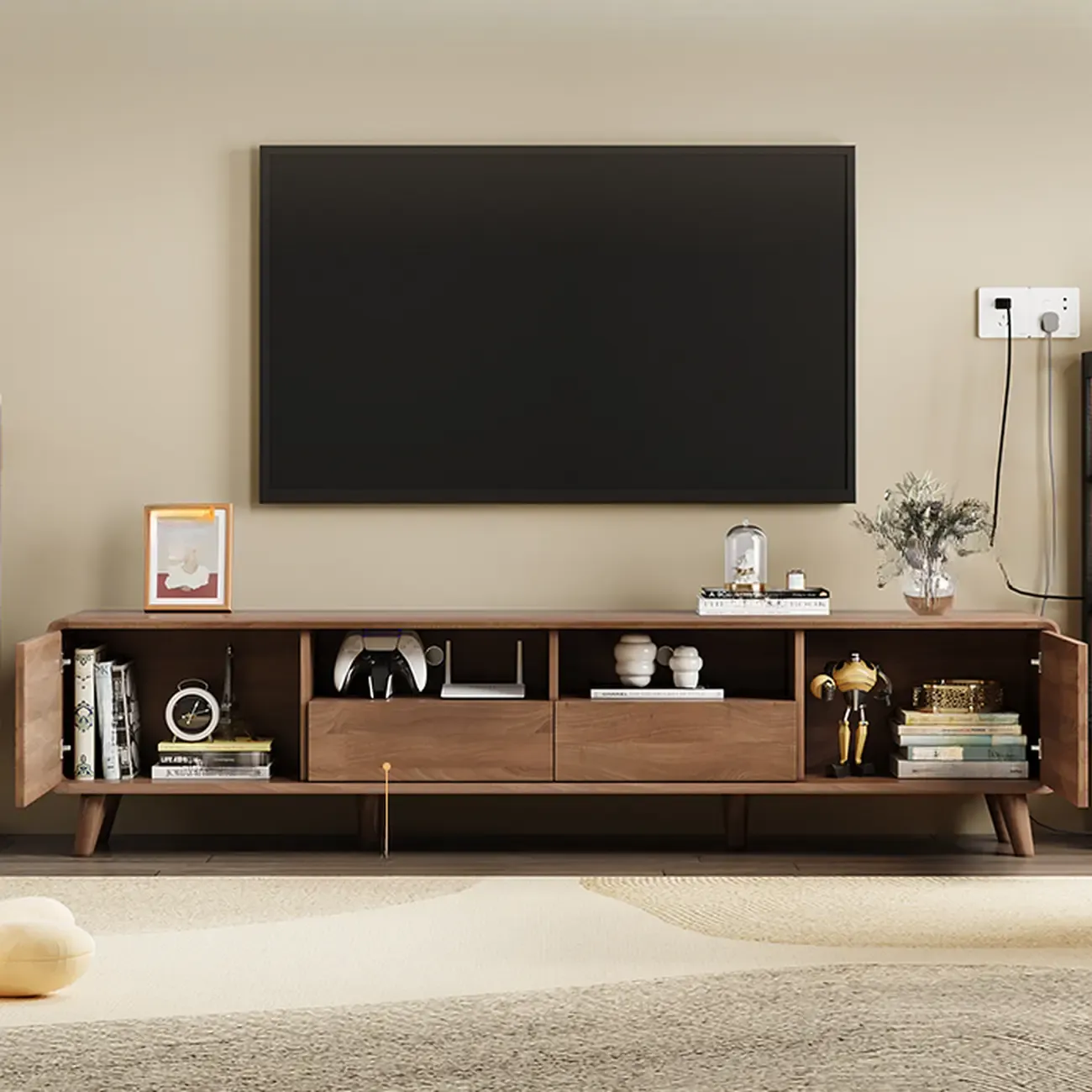 Modern Wood TV Stand with Storage for Living Room