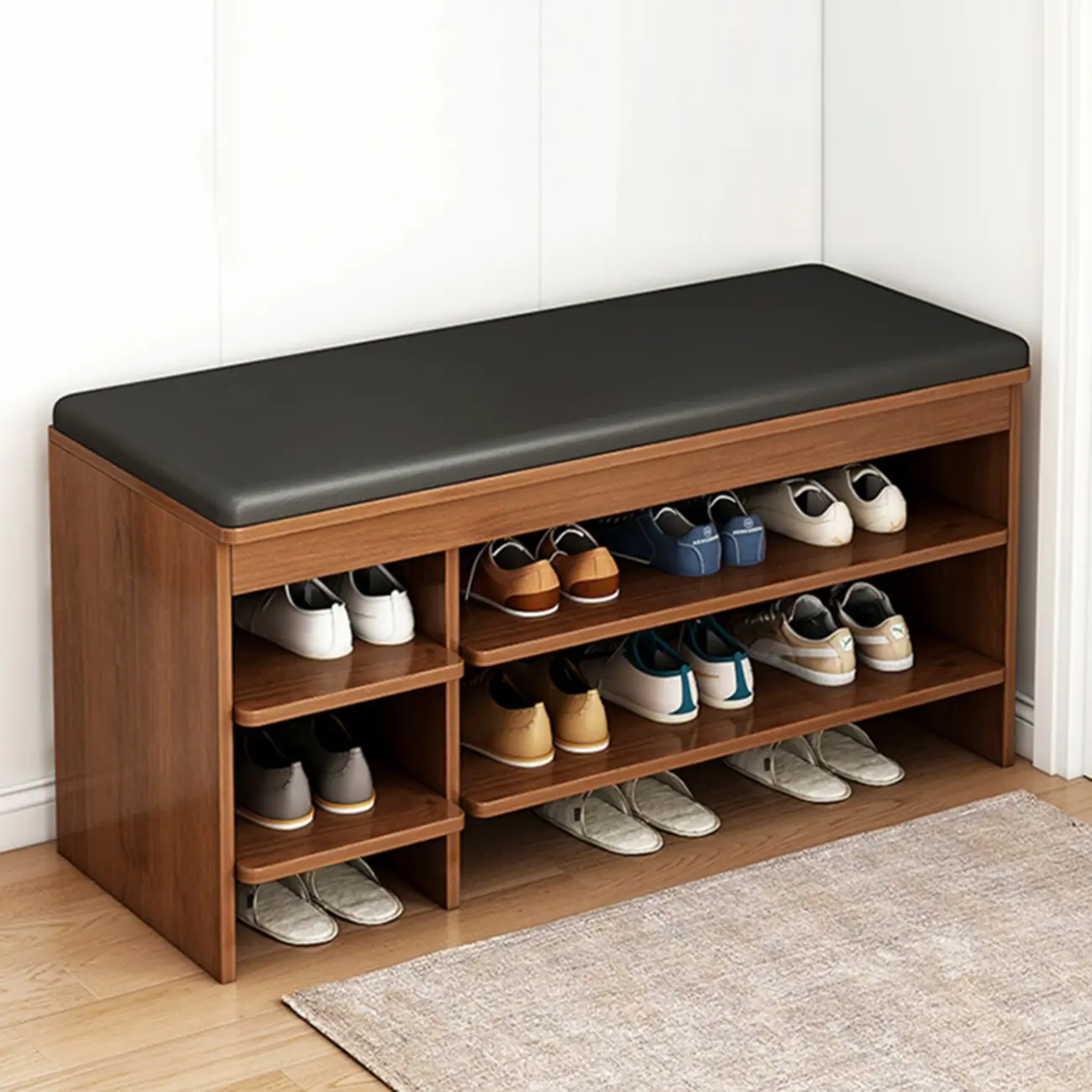 12-Pair Wood Shoe Storage Bench with Leather Cushion Image - 1 | homeyfad