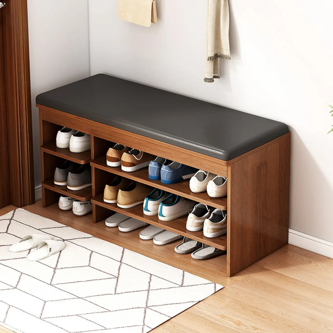 12-Pair Wood Shoe Storage Bench with Leather Cushion Image - 2 | homeyfad