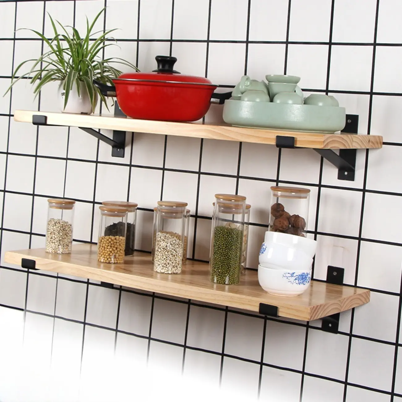 Art Deco Natural Finish Pine Wood Wall- Mounted Storage Ladder Image - 2 | homeyfad