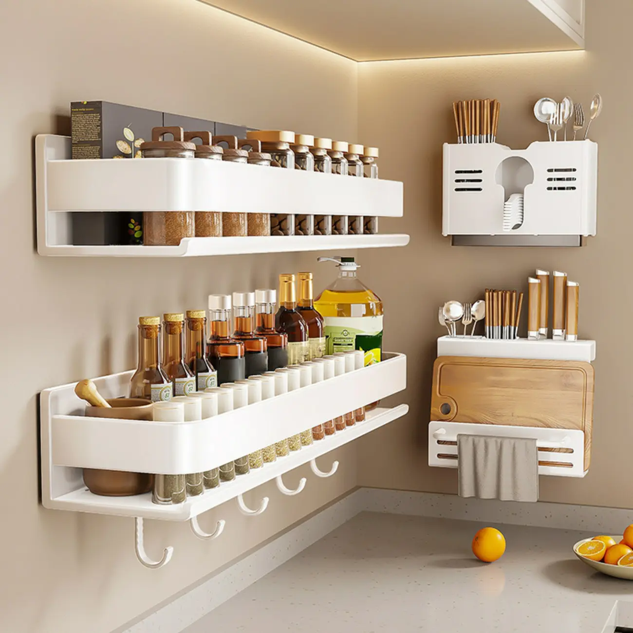 Simplistic Rectangular White Metal Wall Mounted Shelf with Hooks Image - 2 | homeyfad