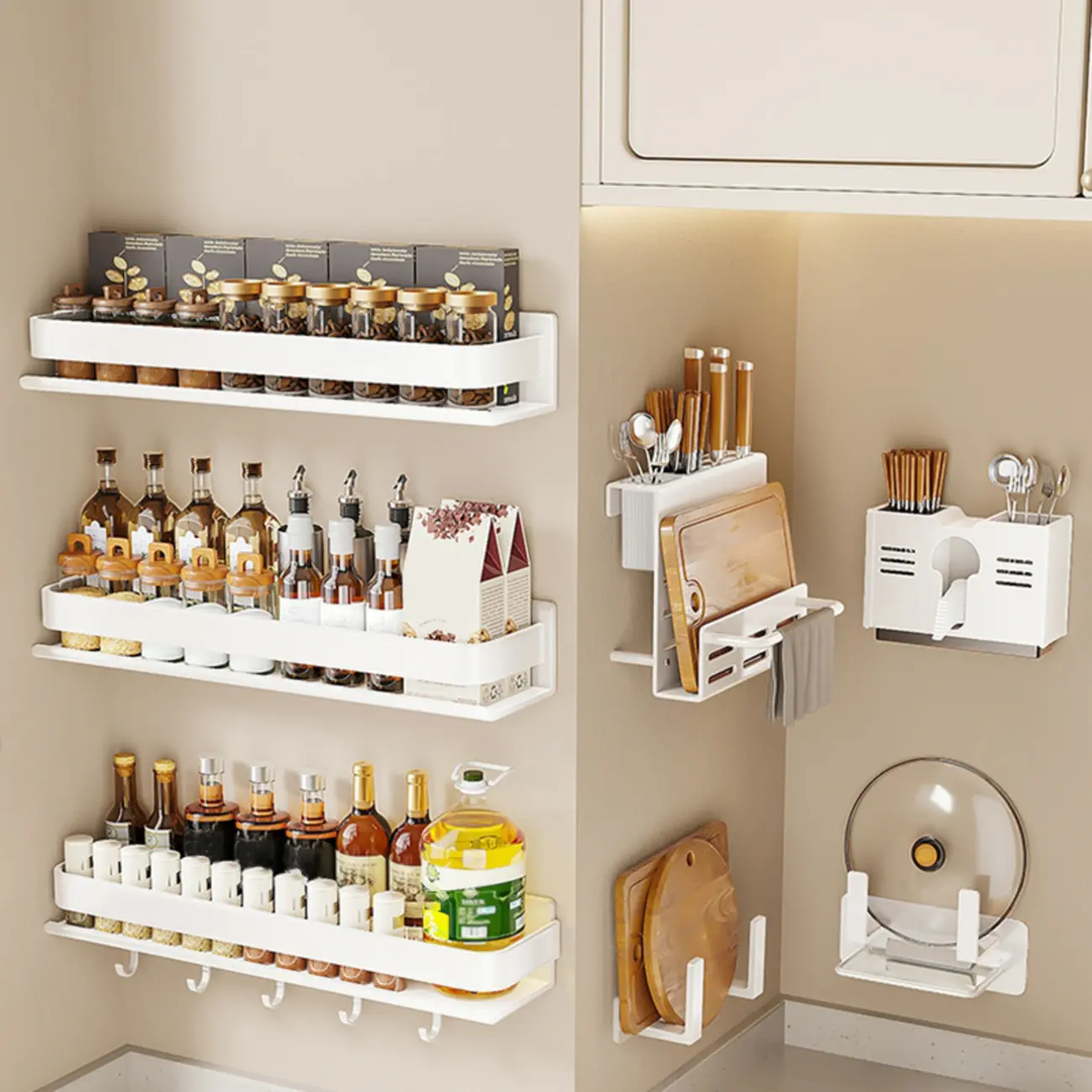 Simplistic Rectangular White Metal Wall Mounted Shelf with Hooks Image - 1 | homeyfad