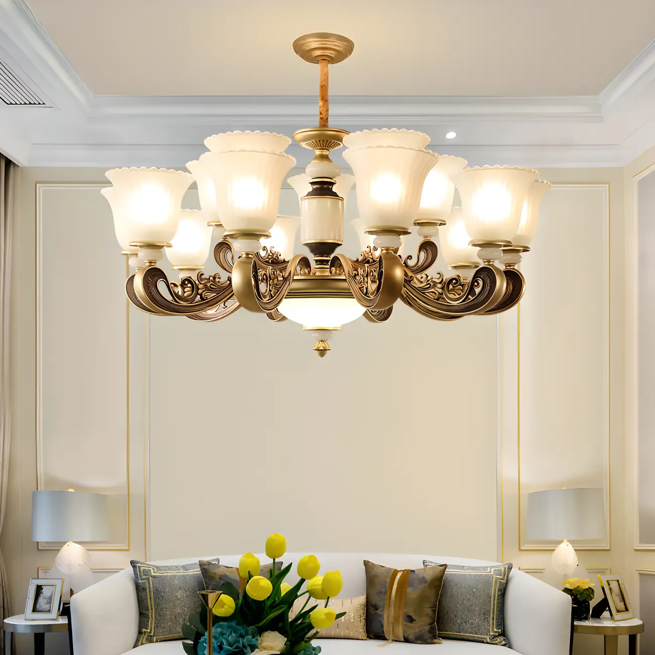 Adjustable Dining Room Gold Glass Bell Shape Up Light Chandelier | homeyfad