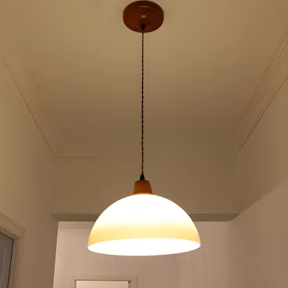 White Glass Wood Rope Round Pendant Light Image - 1