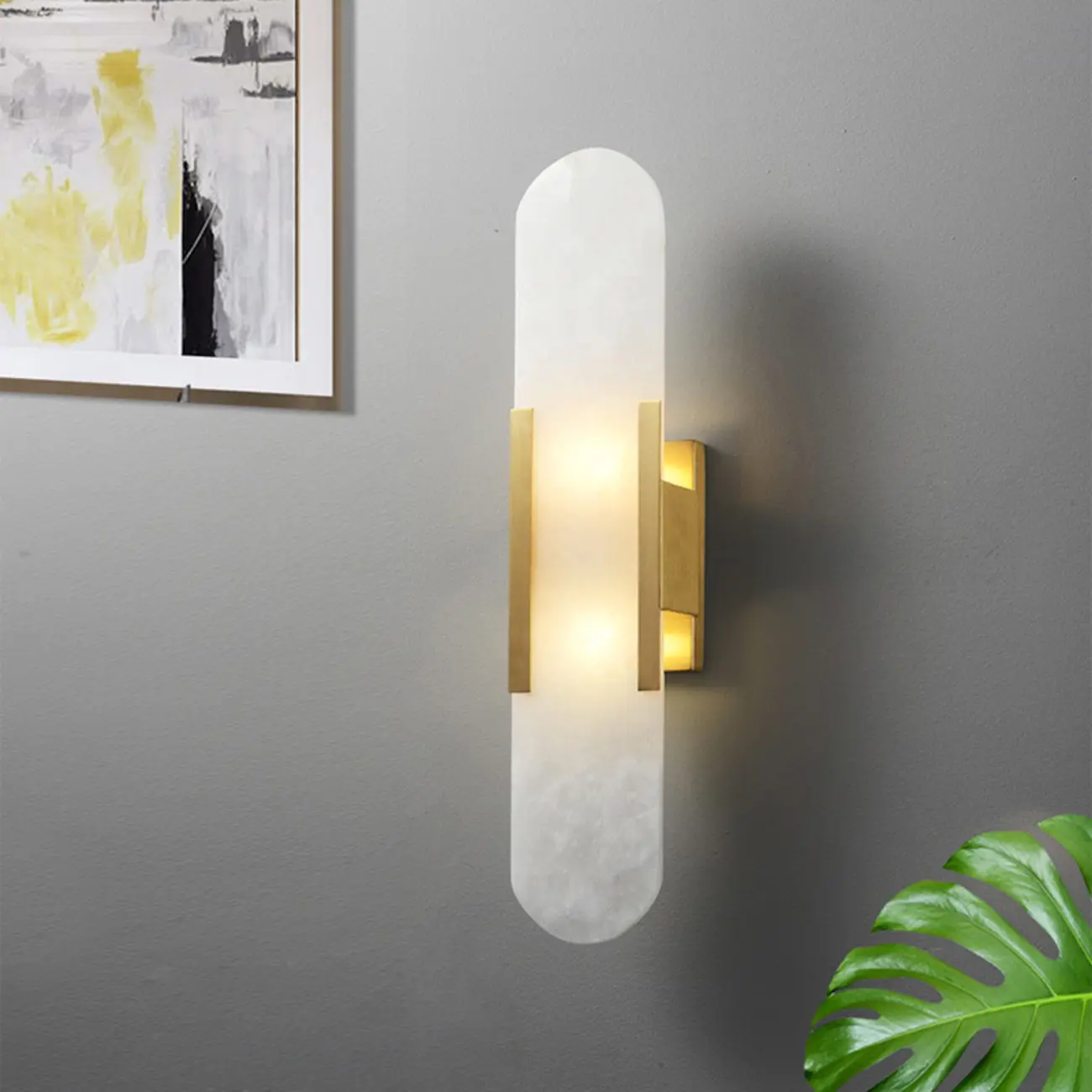 Modern Brass Oval Wall Light with Stone Chalk Shade Image - 3 | homeyfad