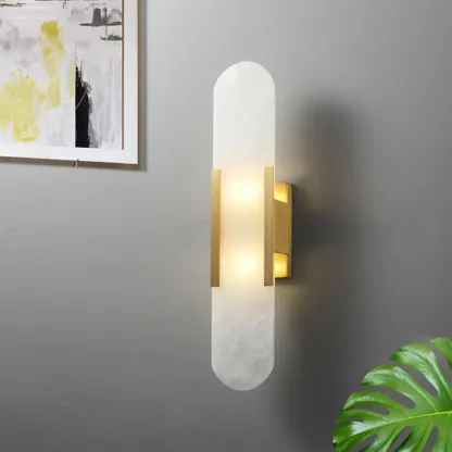 Modern Brass Oval Wall Light with Stone Chalk Shade Image - 3