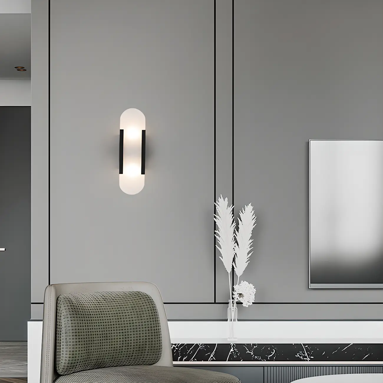 Modern Brass Oval Wall Light with Stone Chalk Shade Image - 2 | homeyfad