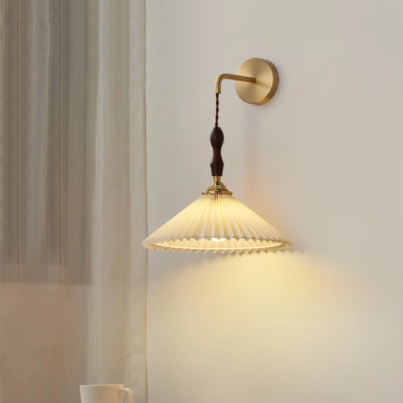 Modern Walnut Wall Light with Pleated Fabric Shade Image - 2 | homeyfad