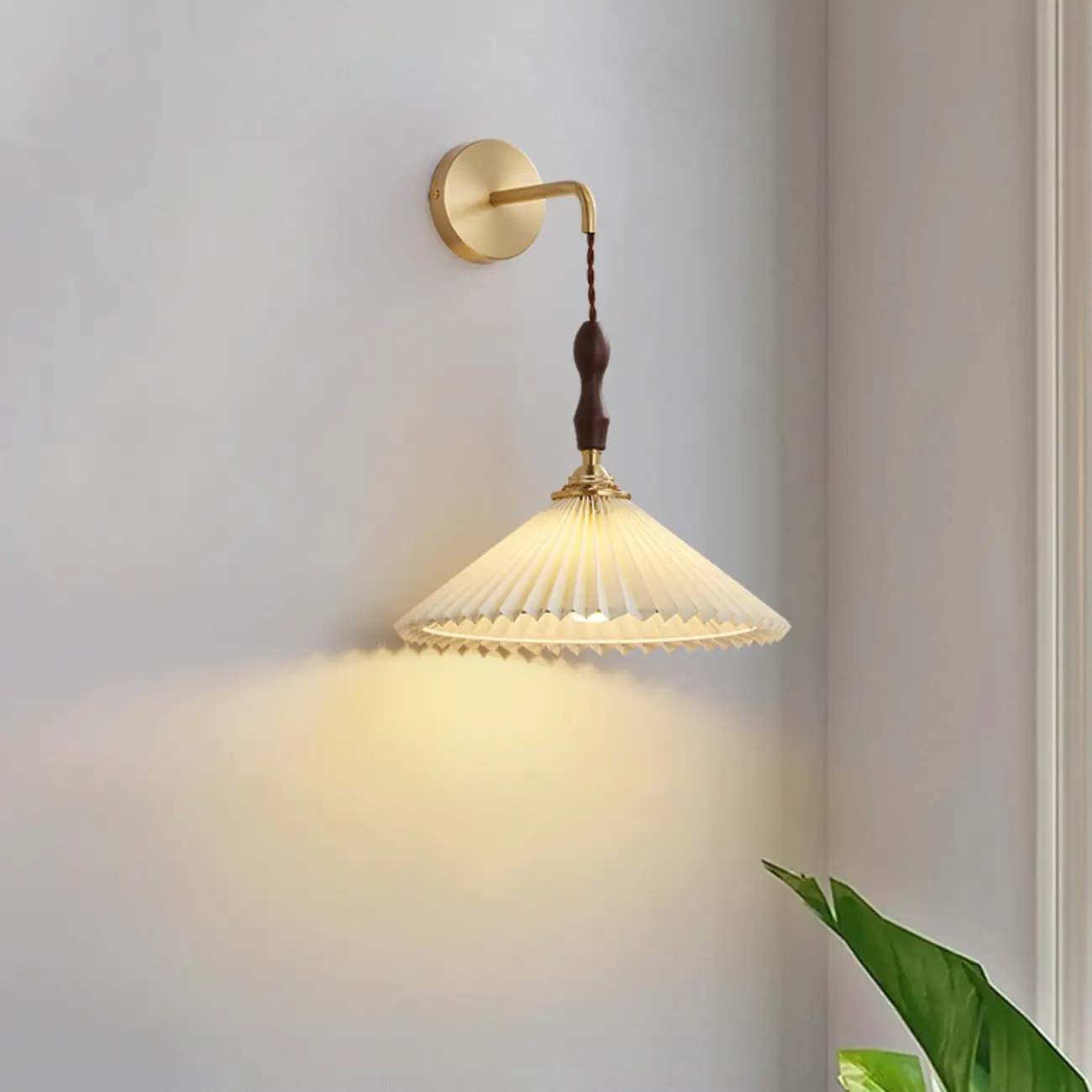 Modern Walnut Wall Light with Pleated Fabric Shade Image - 5 | homeyfad