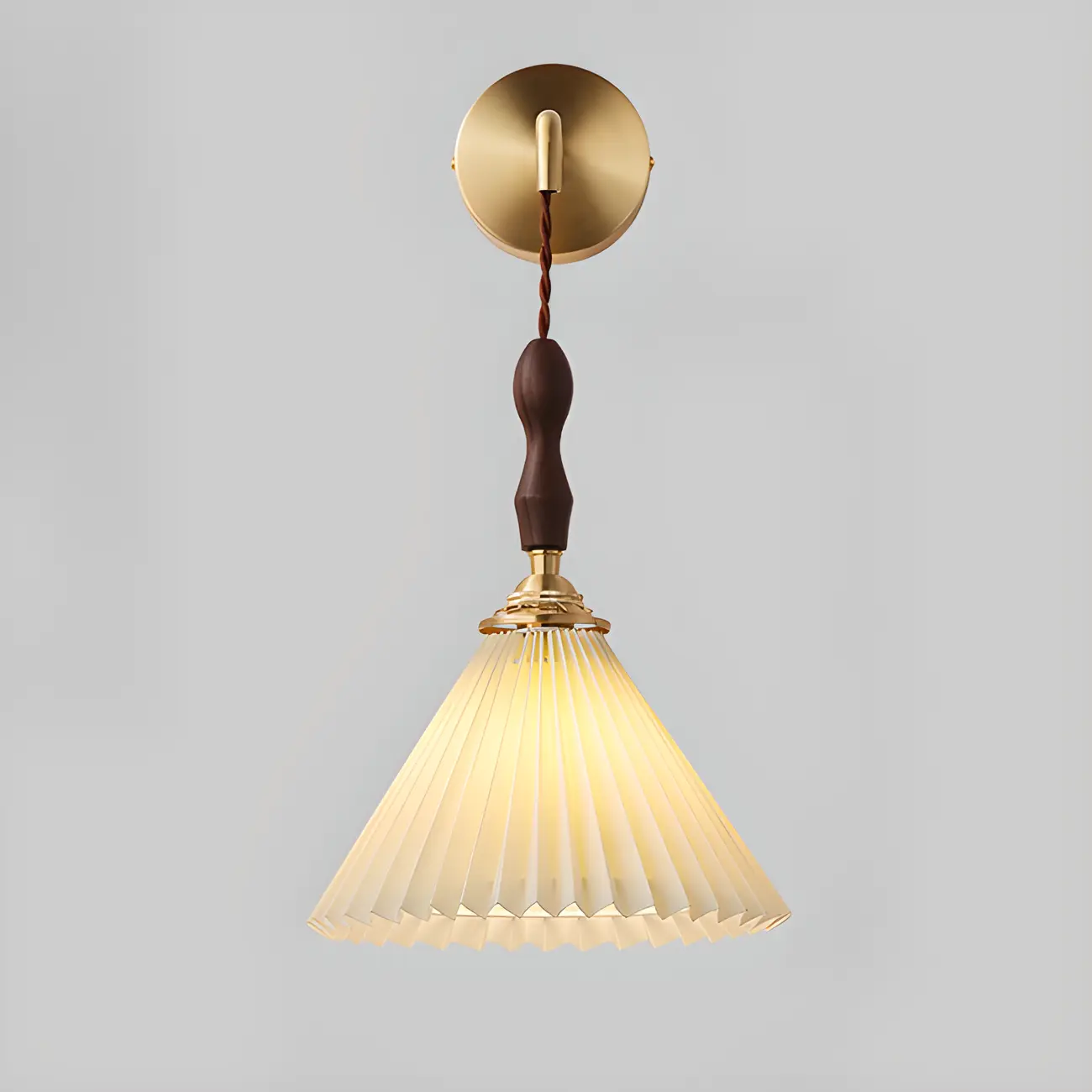 Modern Walnut Wall Light with Pleated Fabric Shade Image - 8 | homeyfad