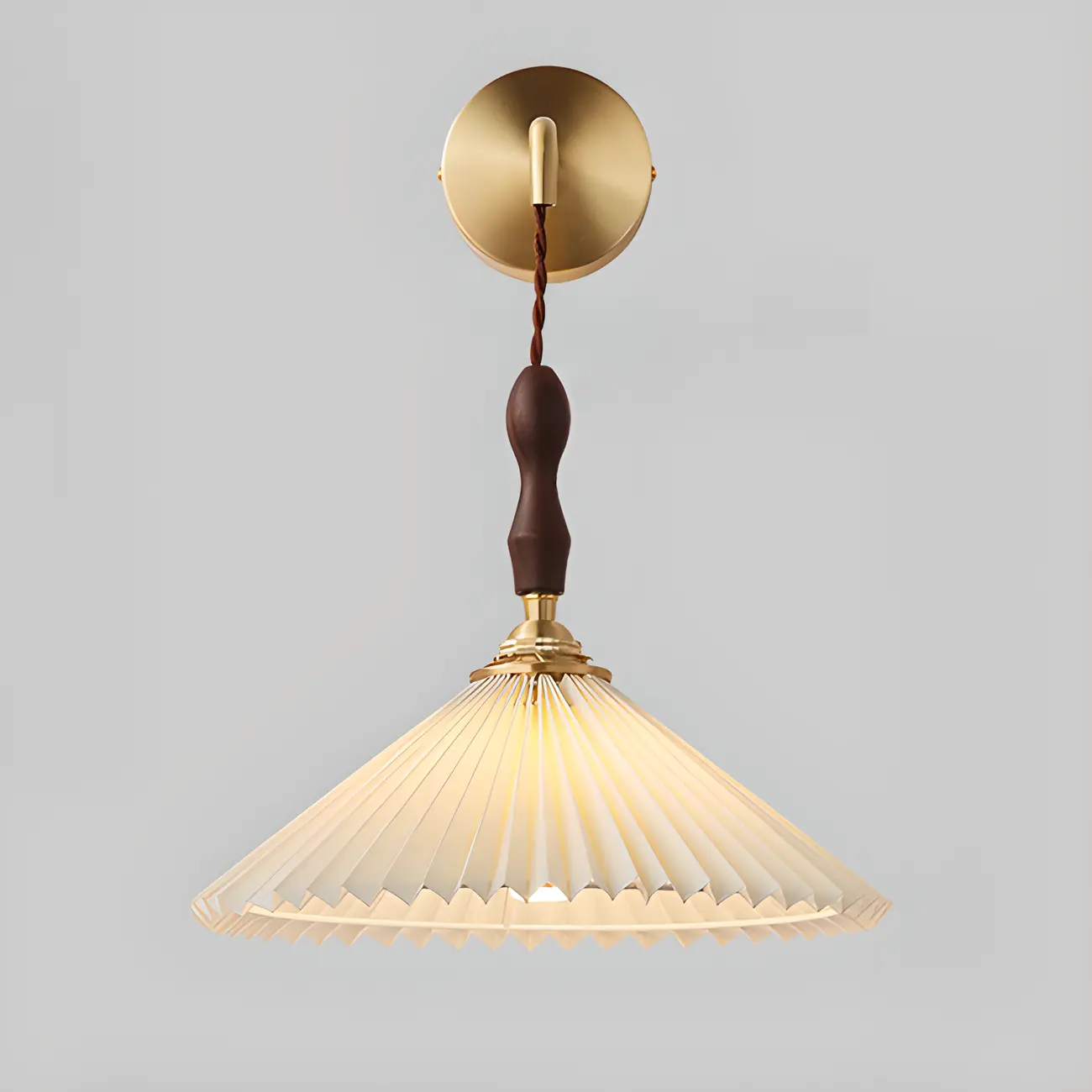 Modern Walnut Wall Light with Pleated Fabric Shade Image - 3 | homeyfad