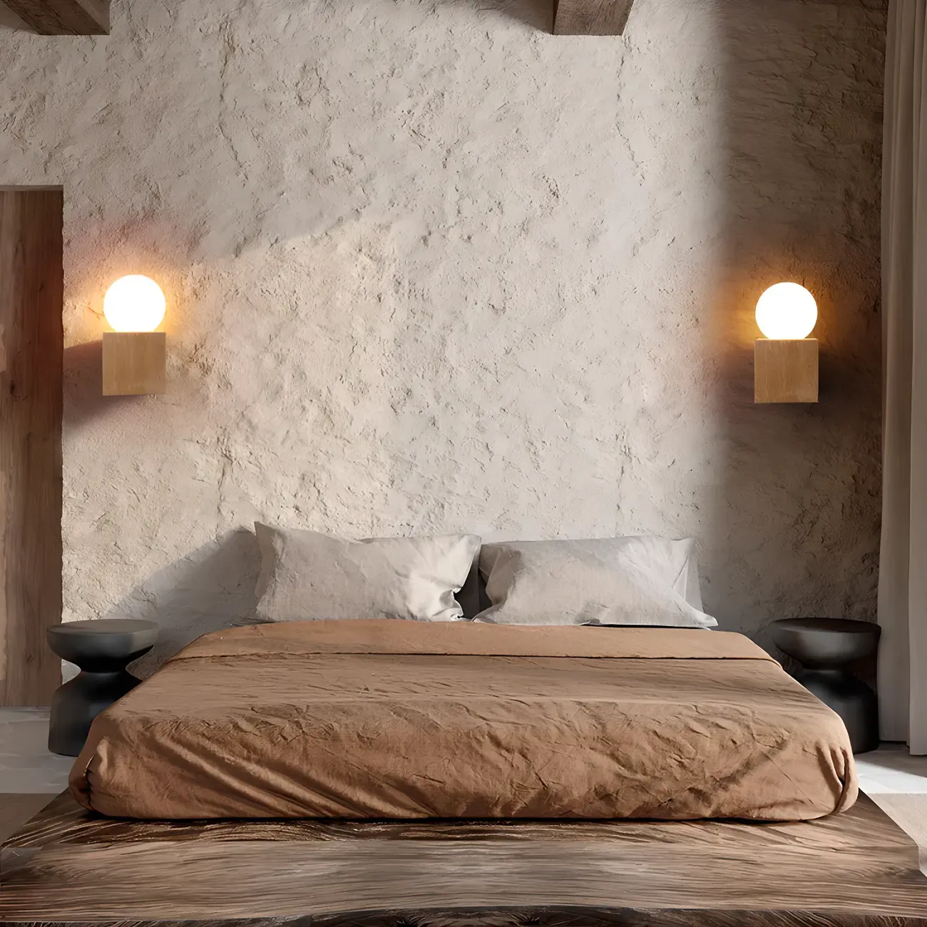 Modern Stone Beige Cube with Globe Wall Sconce Image - 4