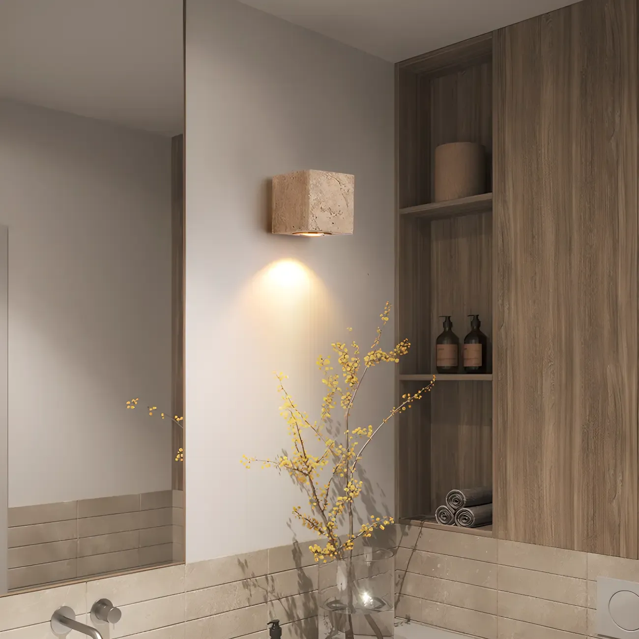 Modern Stone Beige Cube with Globe Wall Sconce Image - 2