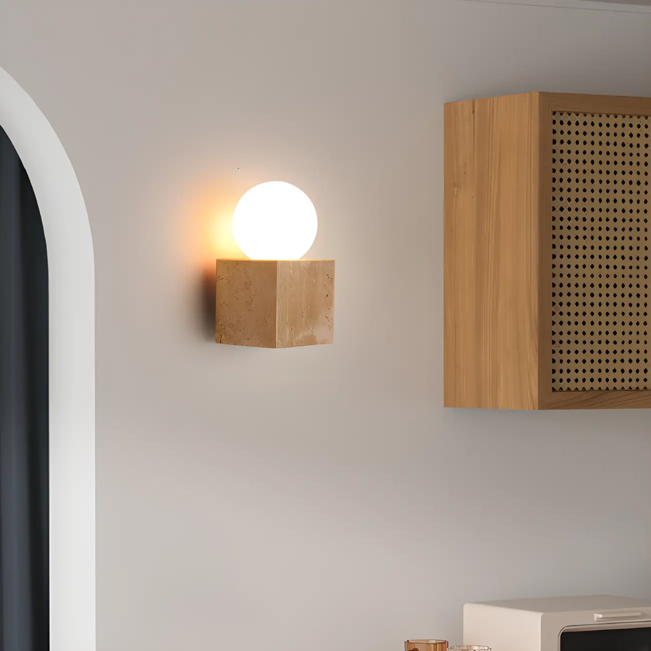 Modern Stone Beige Cube with Globe Wall Sconce Image - 5 | homeyfad