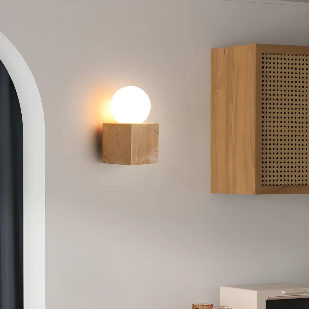 Modern Stone Beige Cube with Globe Wall Sconce Image - 5