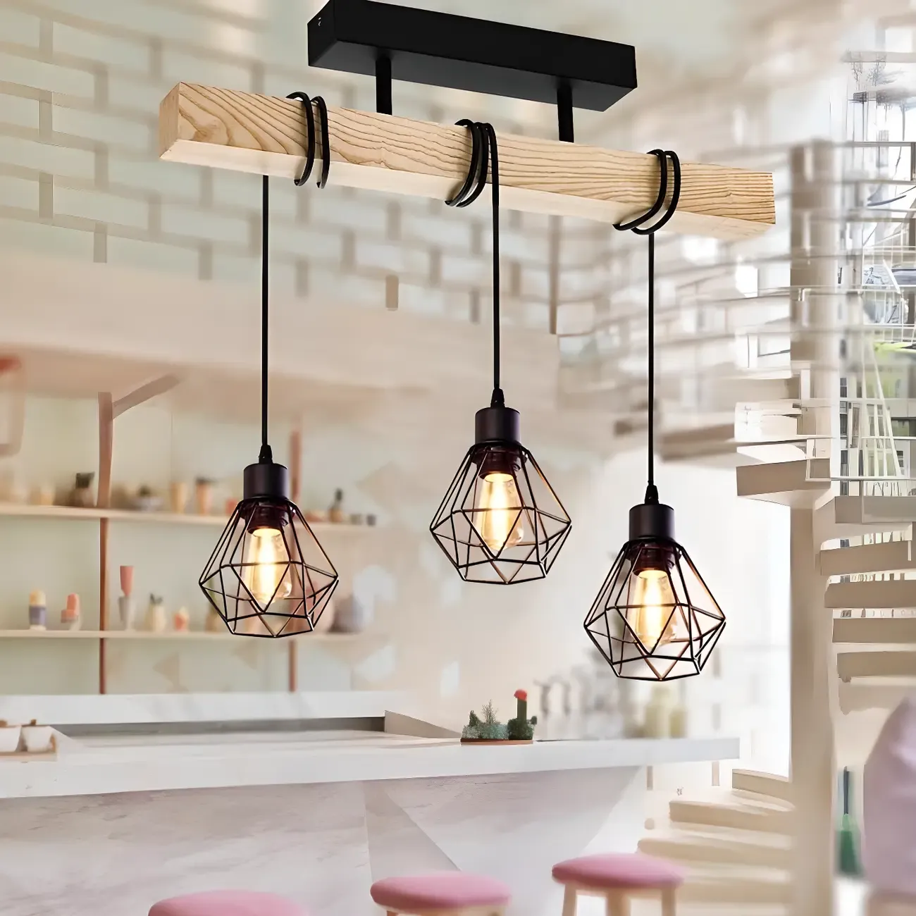 Industrial Black Metal Rhombus Island Light for Kitchen Image - 3