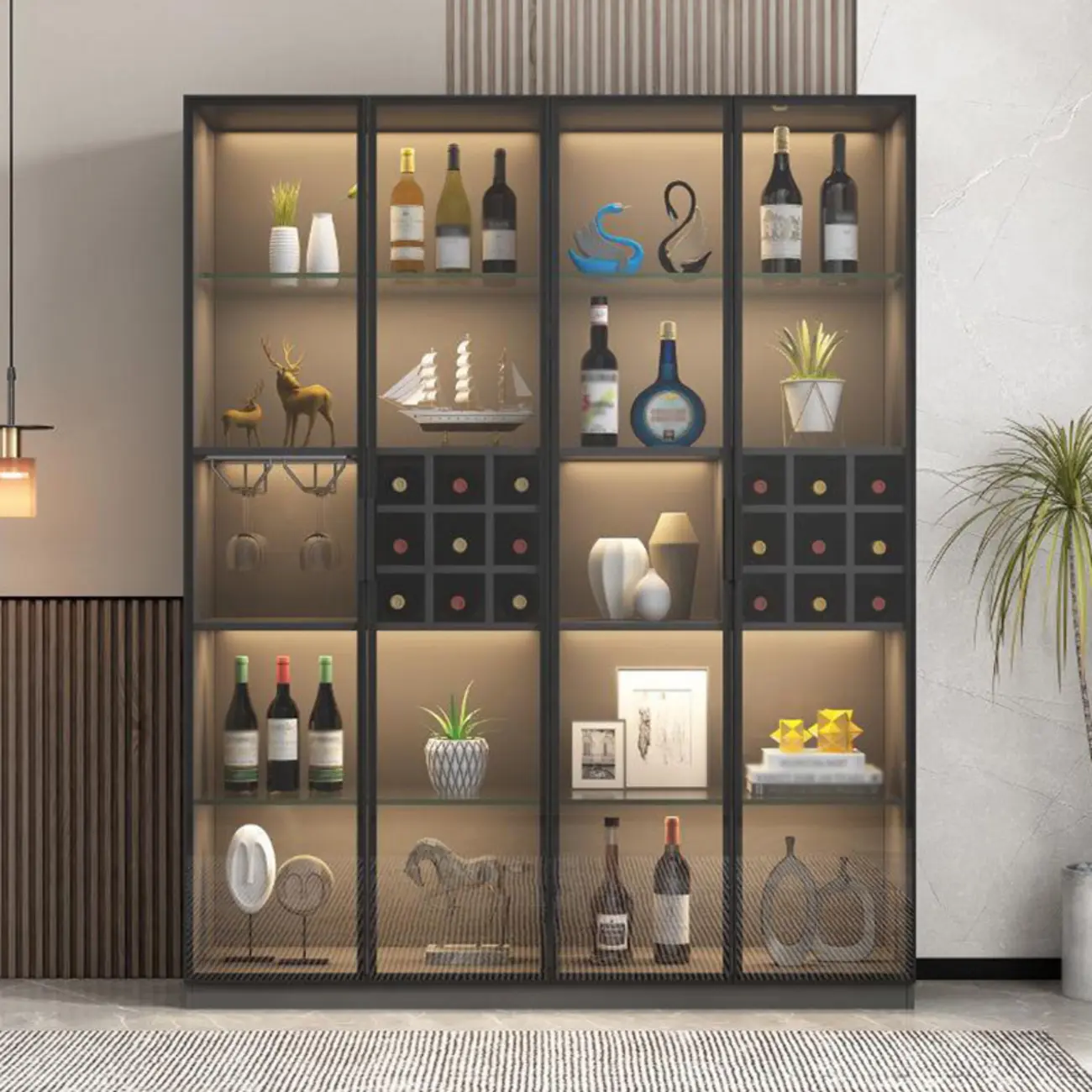 Lighting Black Wooden Floor Wine Cabinet with Glass Doors | homeyfad