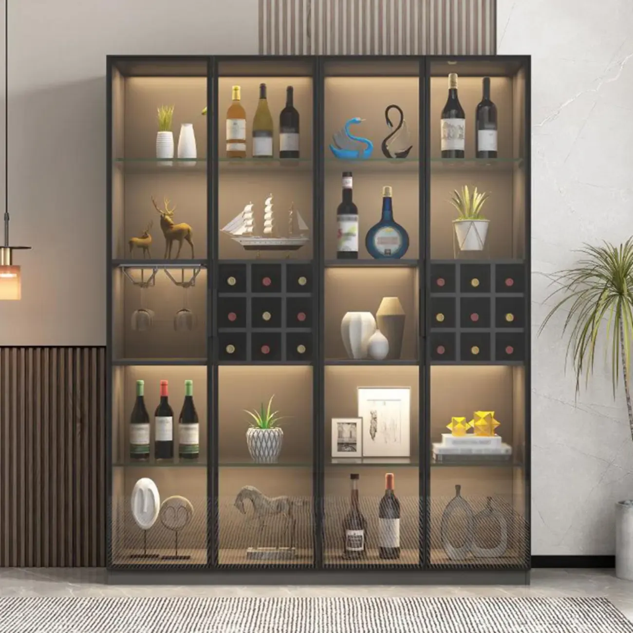 Lighting Black Wooden Floor Wine Cabinet with Glass Doors | HomeyFad