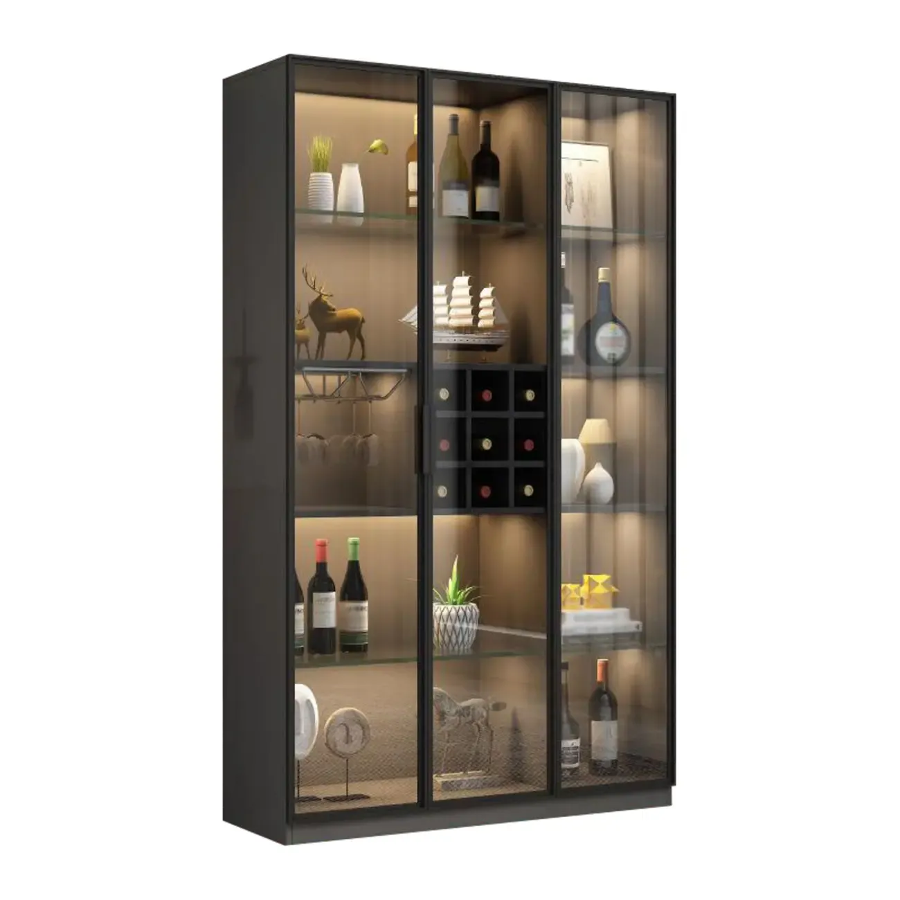Glam Black Wooden Floor Wine Display Rack Image - 6