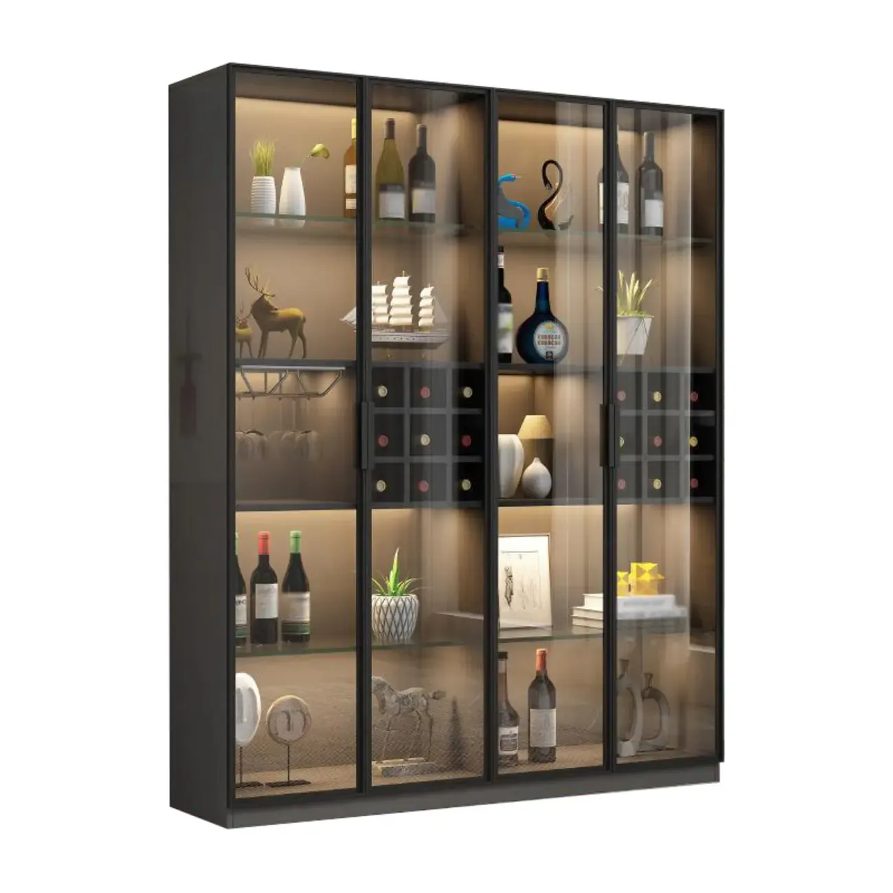 Glam Black Wooden Floor Wine Display Rack Image - 9