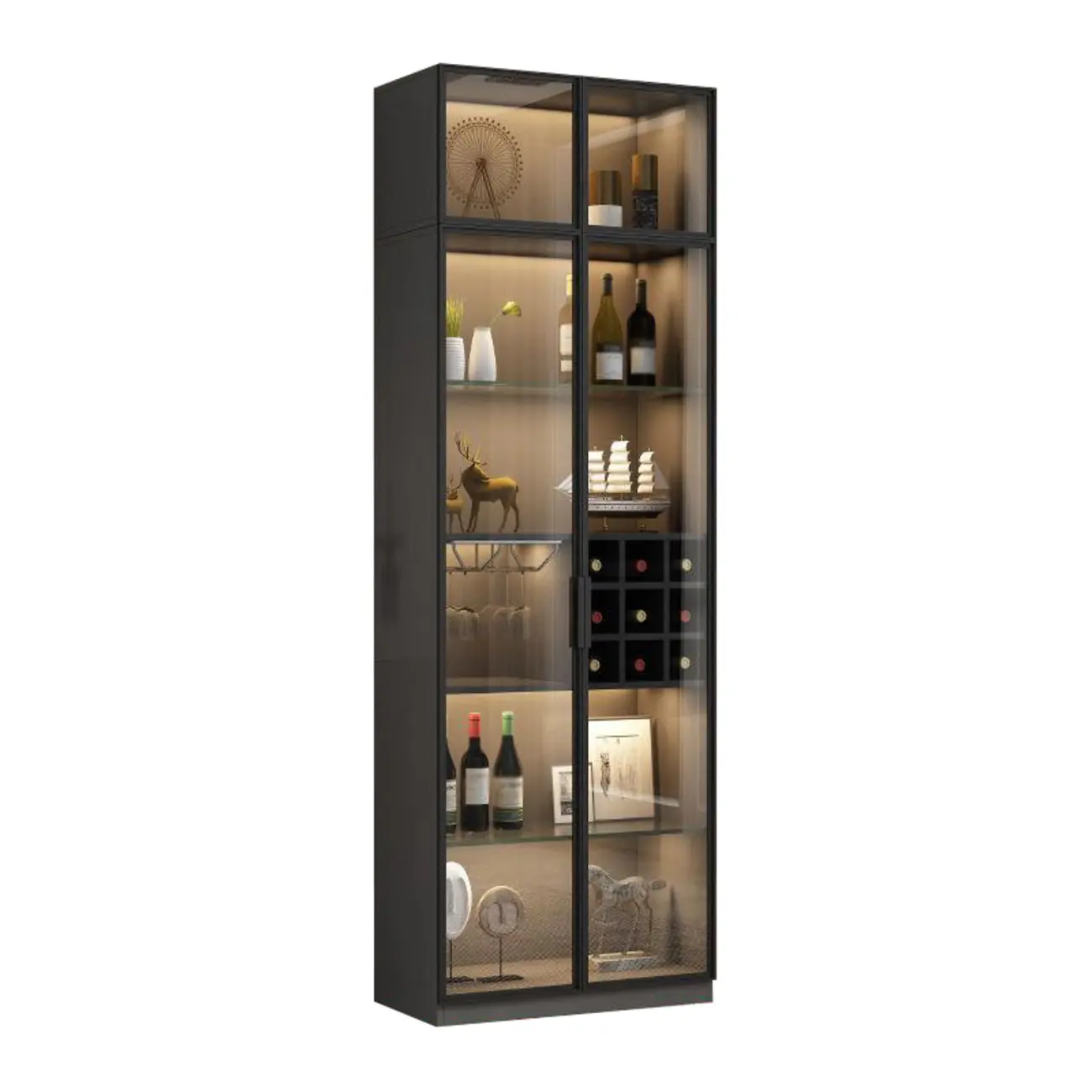 Glam Black Wooden Floor Wine Display Rack Image - 18 | homeyfad