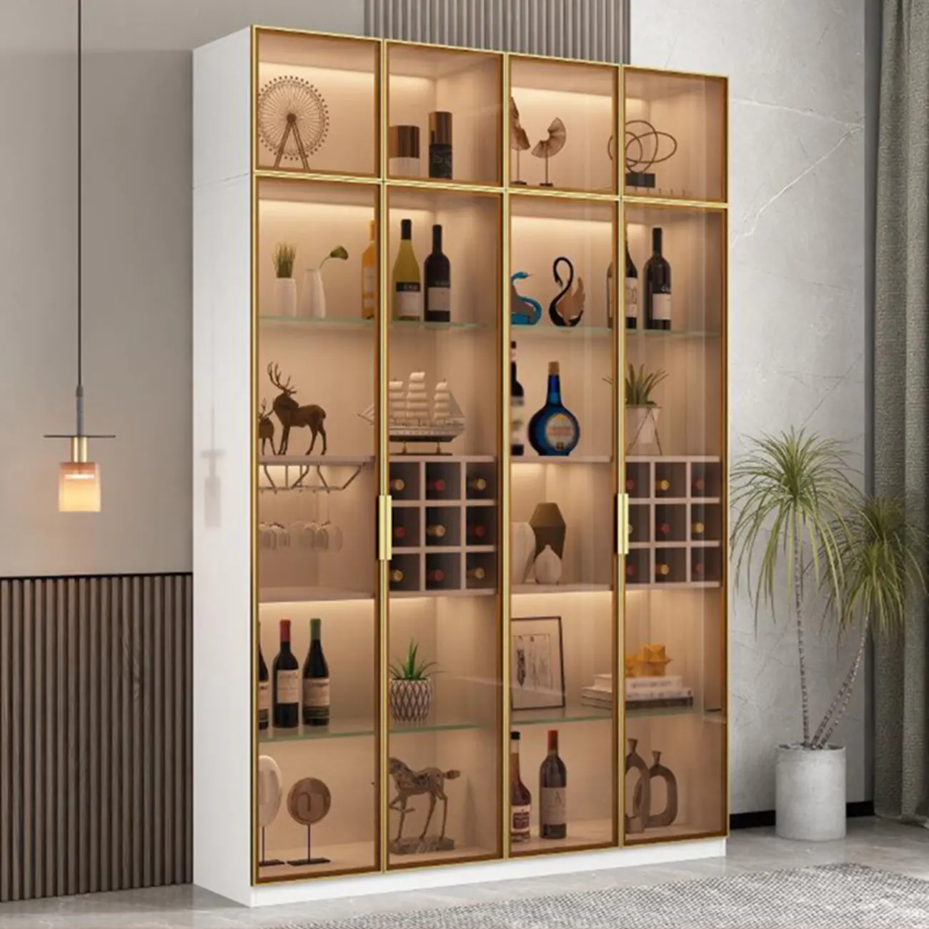 Lighting Black Wooden Floor Wine Cabinet with Glass Doors | homeyfad
