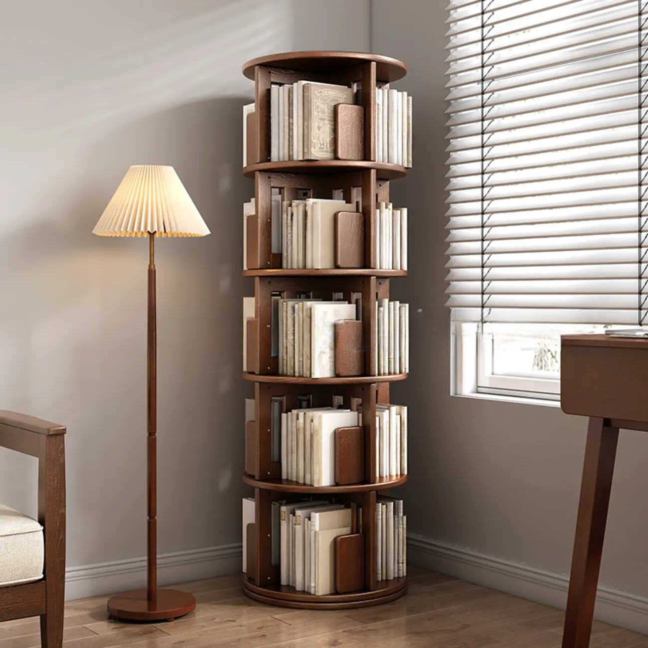 Convenient Cylindrical Rotating Modern Wood Vertical Bookcase Image - 1 | homeyfad