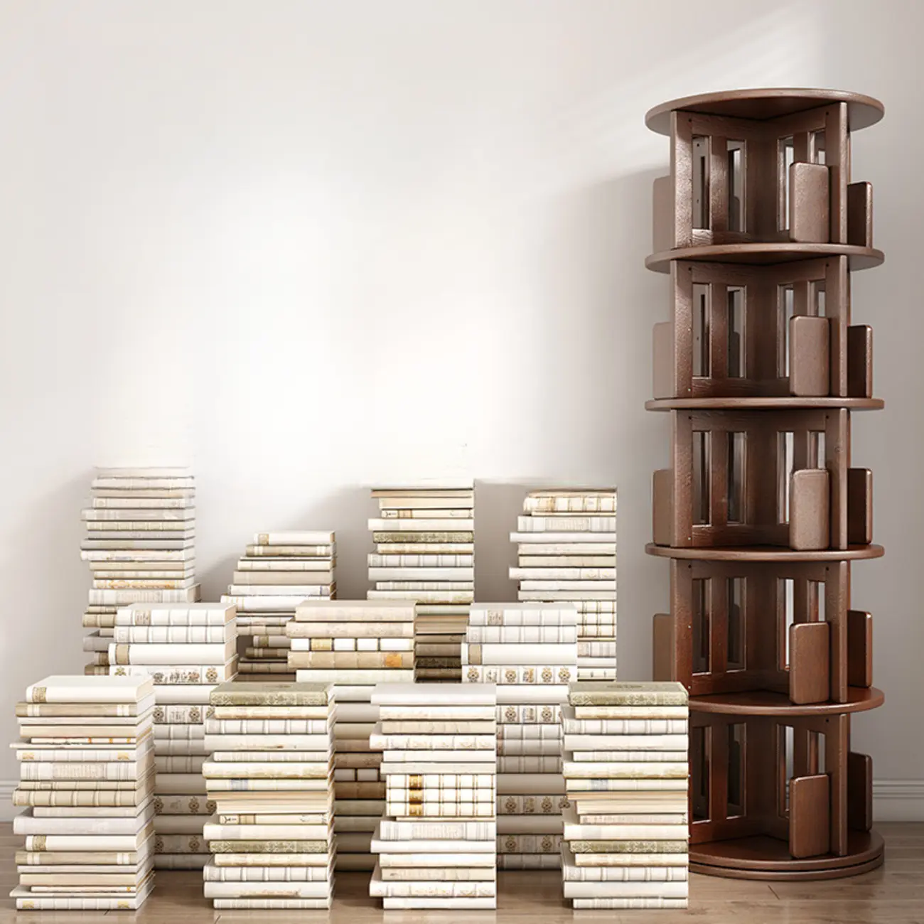 Convenient Cylindrical Rotating Modern Wood Vertical Bookcase Image - 2 | homeyfad