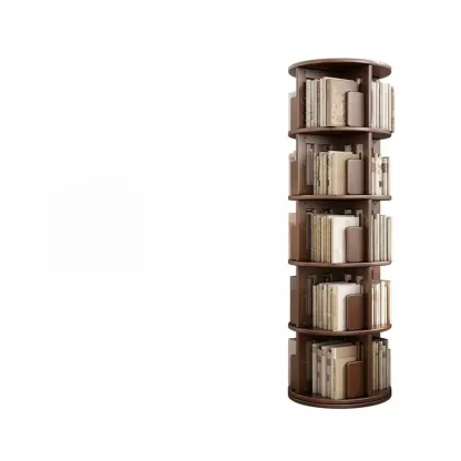 Convenient Cylindrical Rotating Modern Wood Vertical Bookcase Image - 7