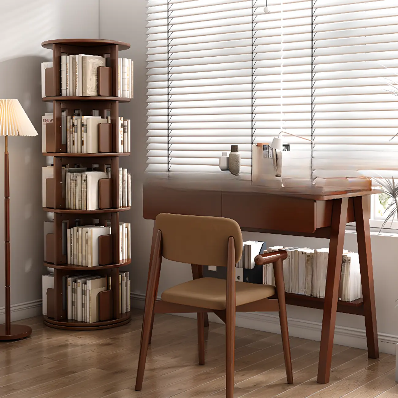 Convenient Cylindrical Rotating Modern Wood Vertical Bookcase Image - 13 | homeyfad