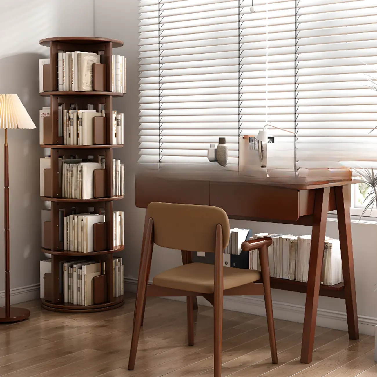 Convenient Cylindrical Rotating Modern Wood Vertical Bookcase Image - 13