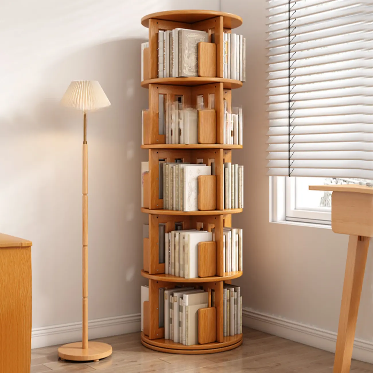 Convenient Cylindrical Rotating Modern Wood Vertical Bookcase Image - 14 | homeyfad
