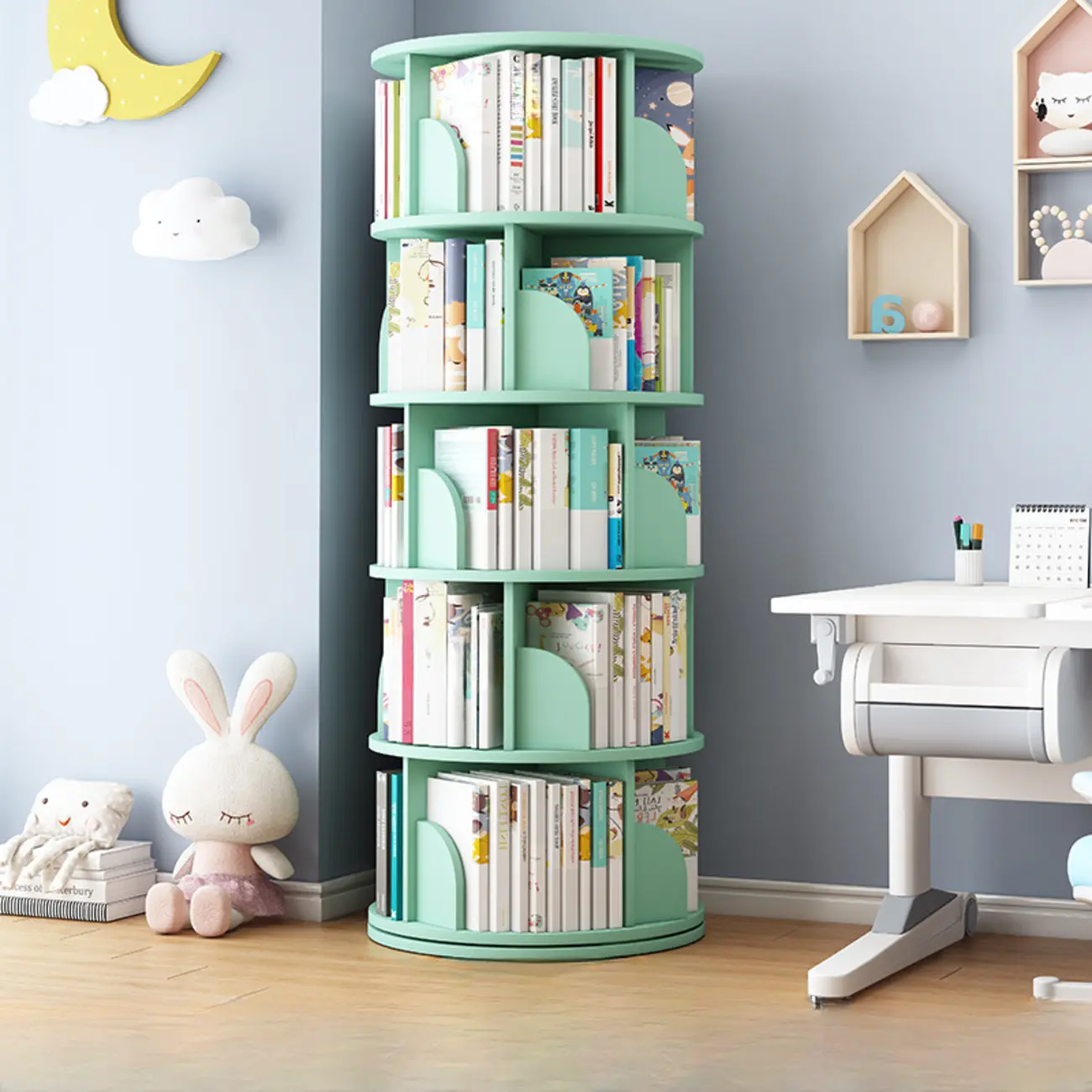 Space-saving Rotating Wood Vertical Corner Bookcase in Multi-Layer Image - 17 | homeyfad