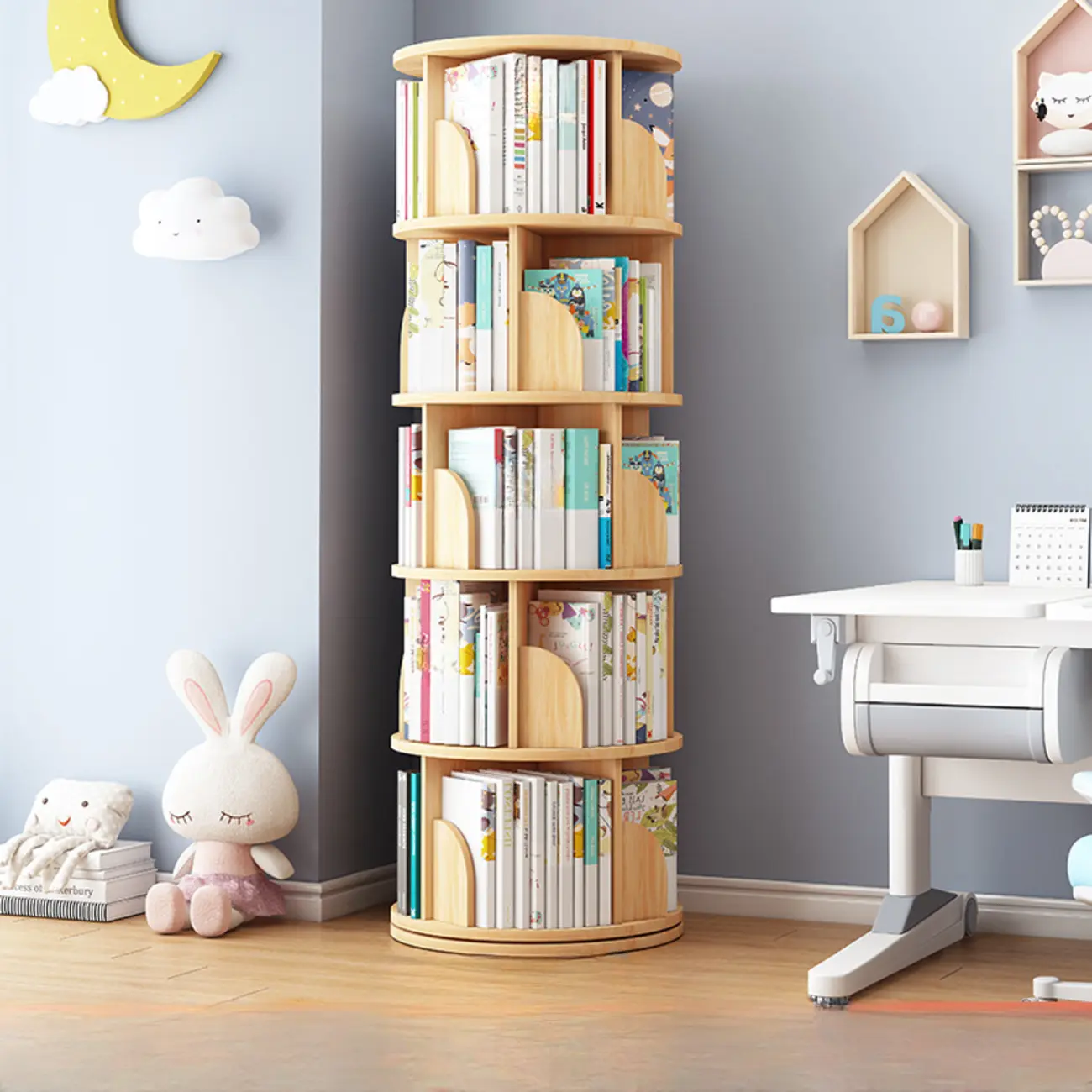 Space-saving Rotating Wood Vertical Corner Bookcase in Multi-Layer Image - 13 | homeyfad