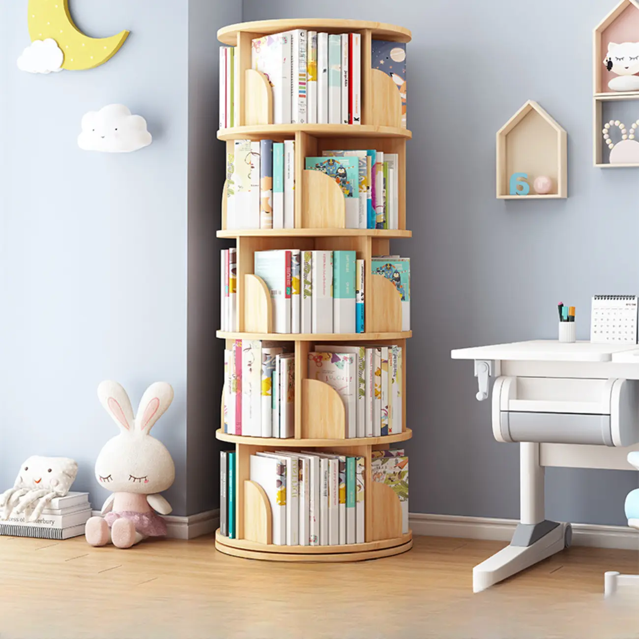 Space-saving Rotating Wood Vertical Corner Bookcase in Multi-Layer Image - 11 | homeyfad