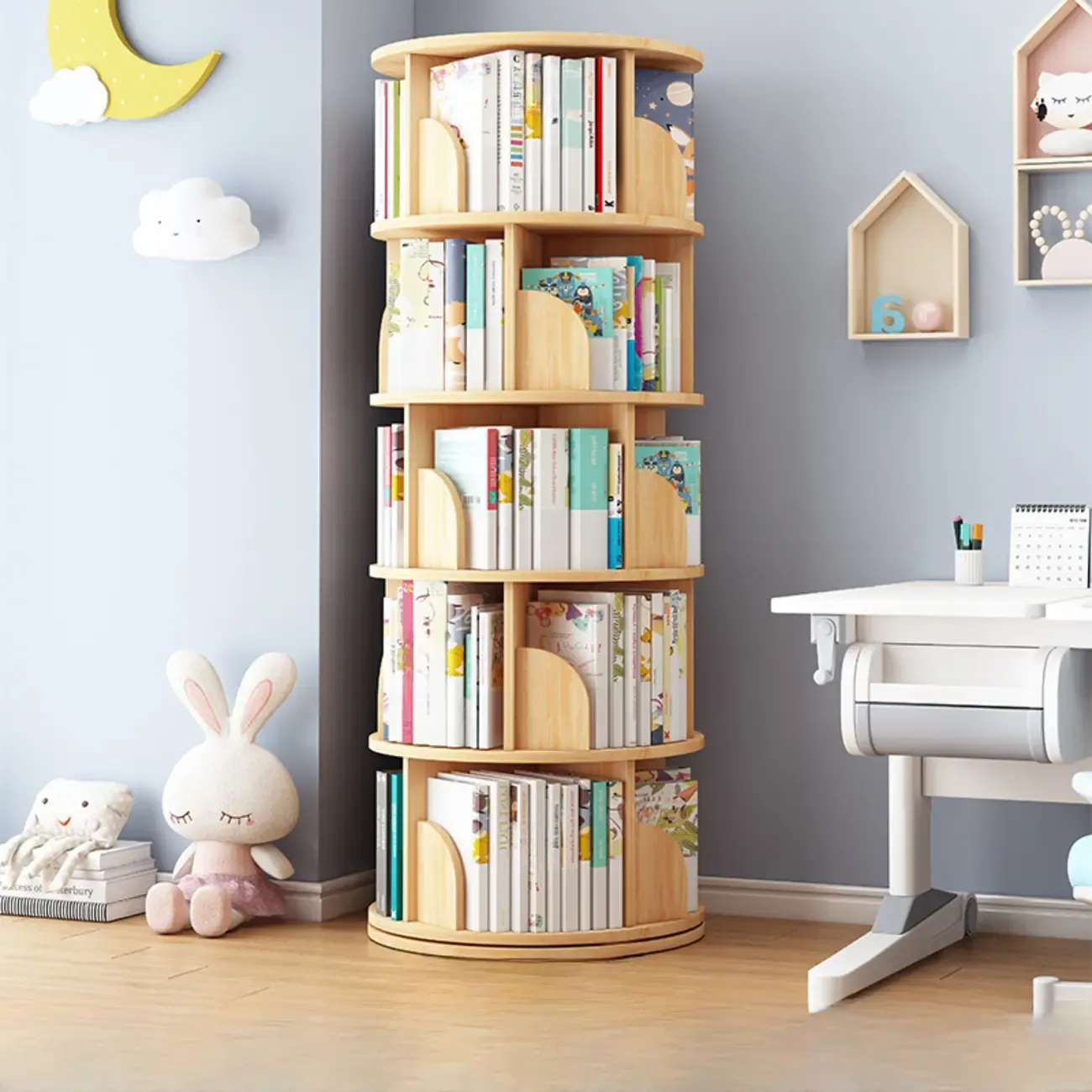 Space-saving Rotating Wood Vertical Corner Bookcase in Multi-Layer Image - 11